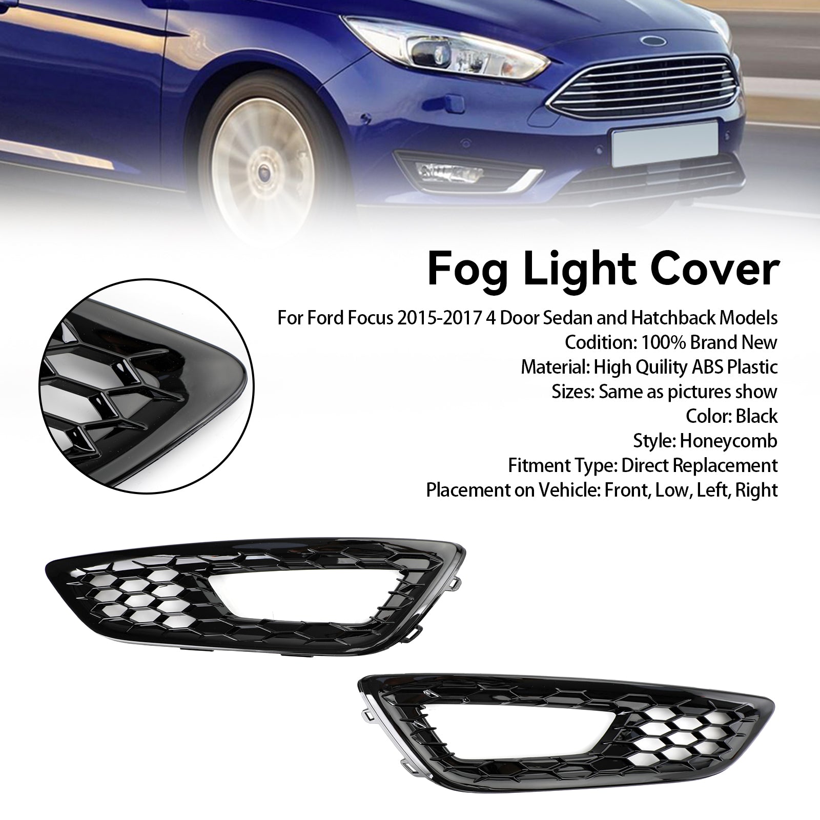 Pair Front Bumper Fog Light Lamp Cover Bezel Grill fit Ford Focus 2015-2017