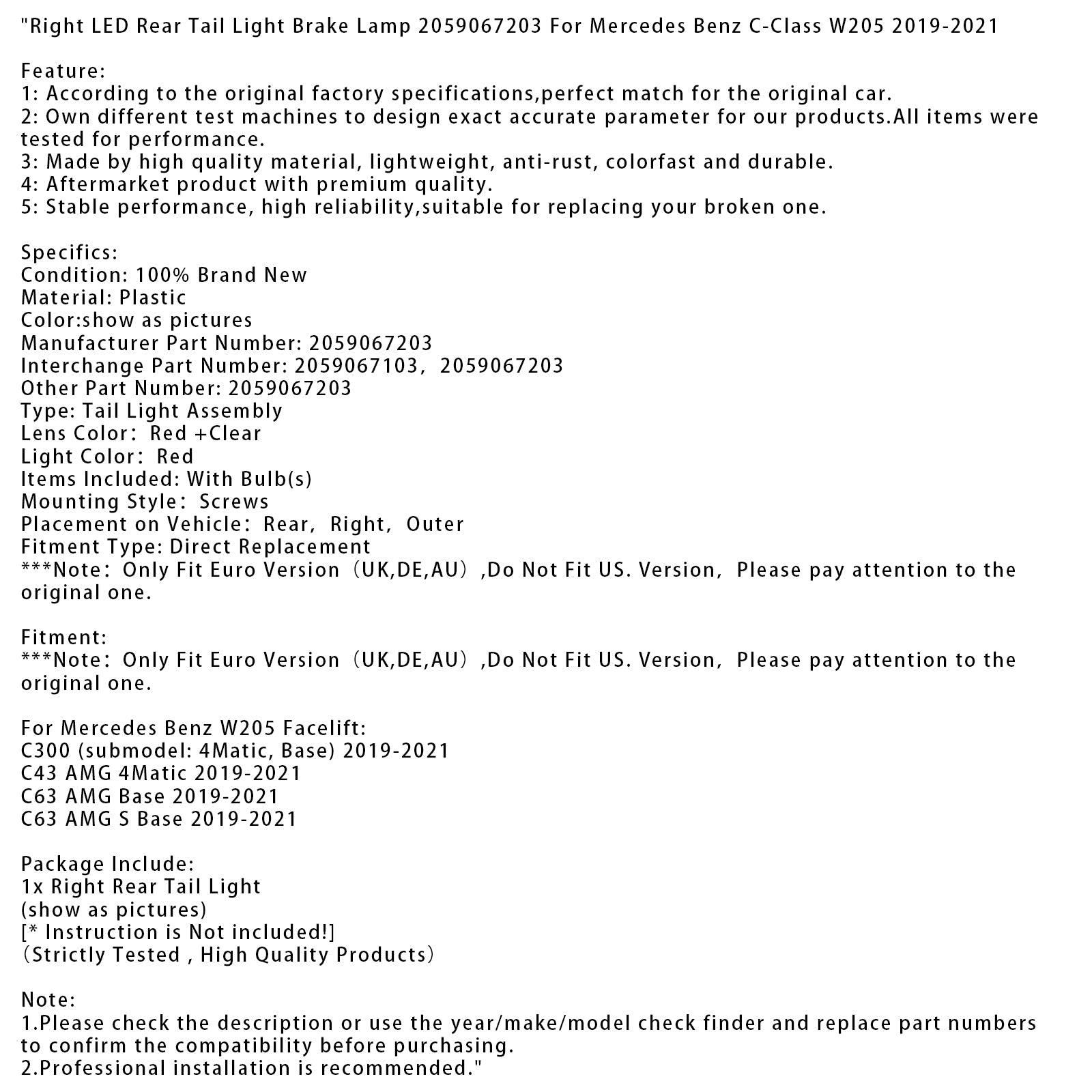 Right LED Rear Tail Light Brake Lamp For Mercedes Benz C-Class W205 2019-2021