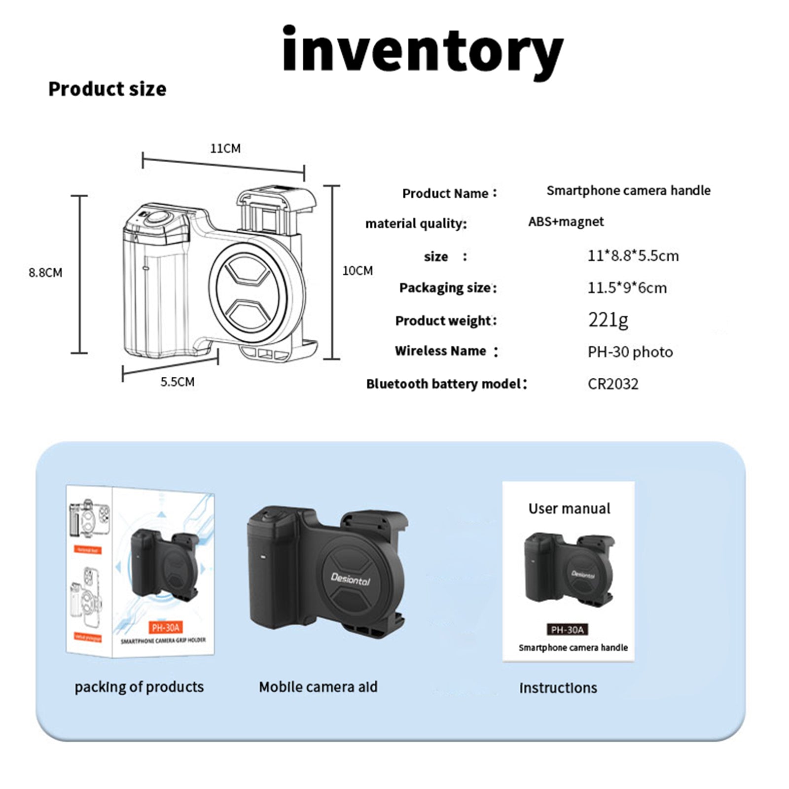 PH-30A Clip de téléphone portable modèle vente aux enchères télécommande caméra poignée stabilisateur