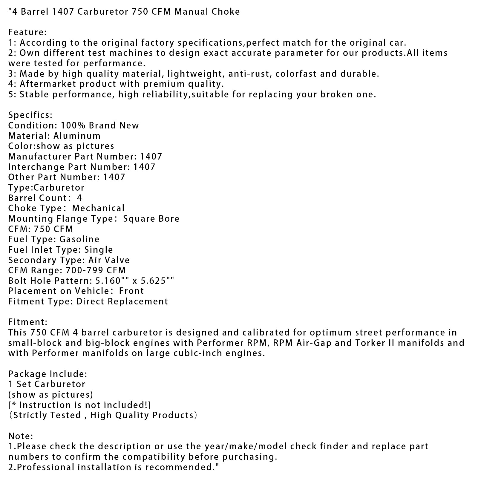 4 Barrel 1407 Carburetor 750 CFM Manual Choke