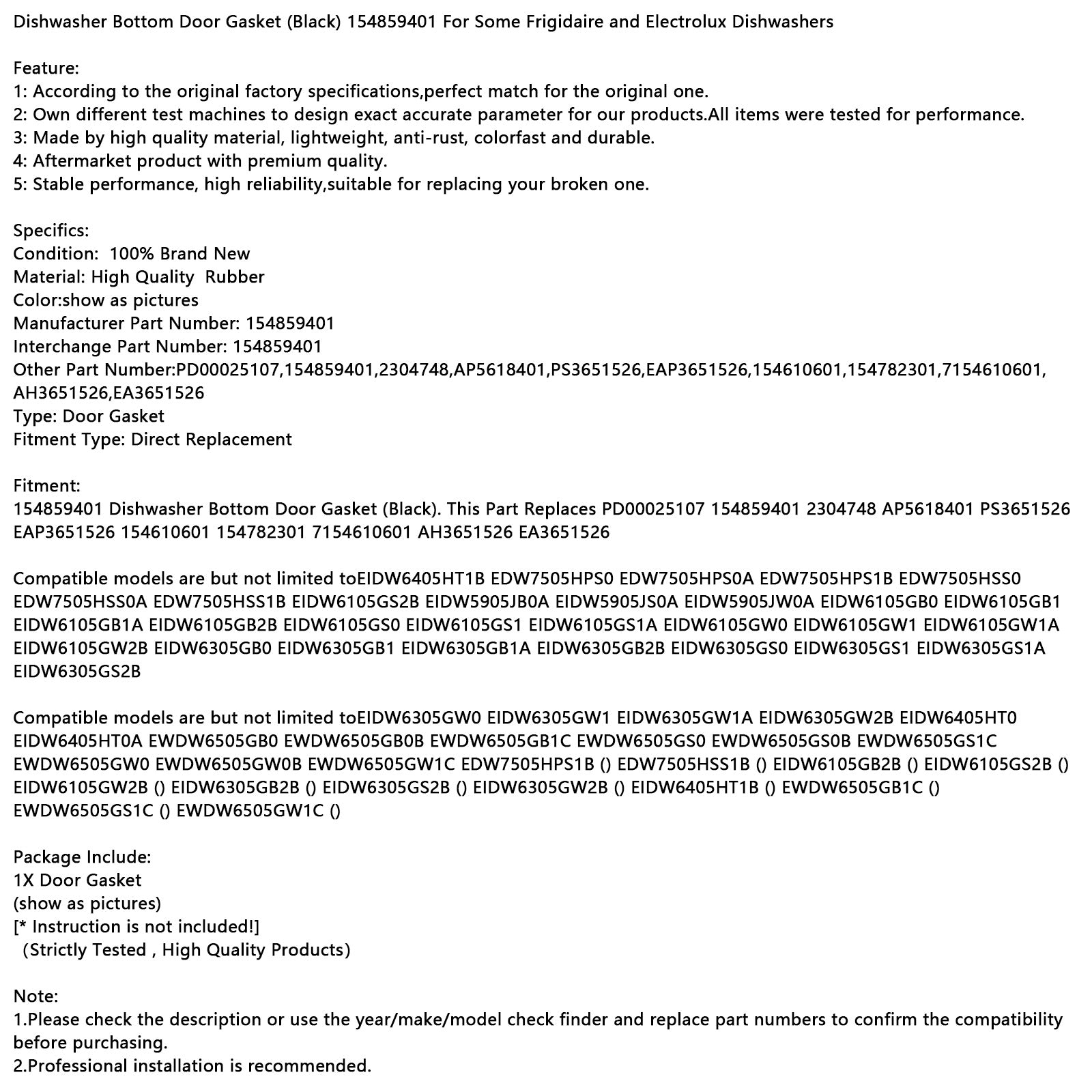 Junta de puerta inferior de lavavajillas (negra) 154859401 para algunos Frigidaire/Electrolux