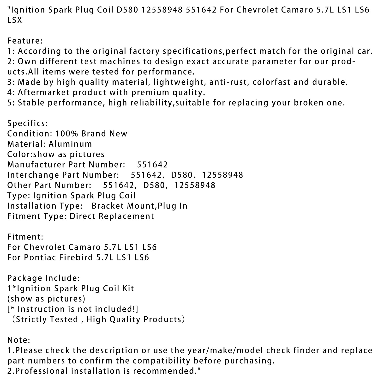 Chevrolet Camaro 5.7L LS1 LS6 Ignition Spark Plug Coil D580 12558948
