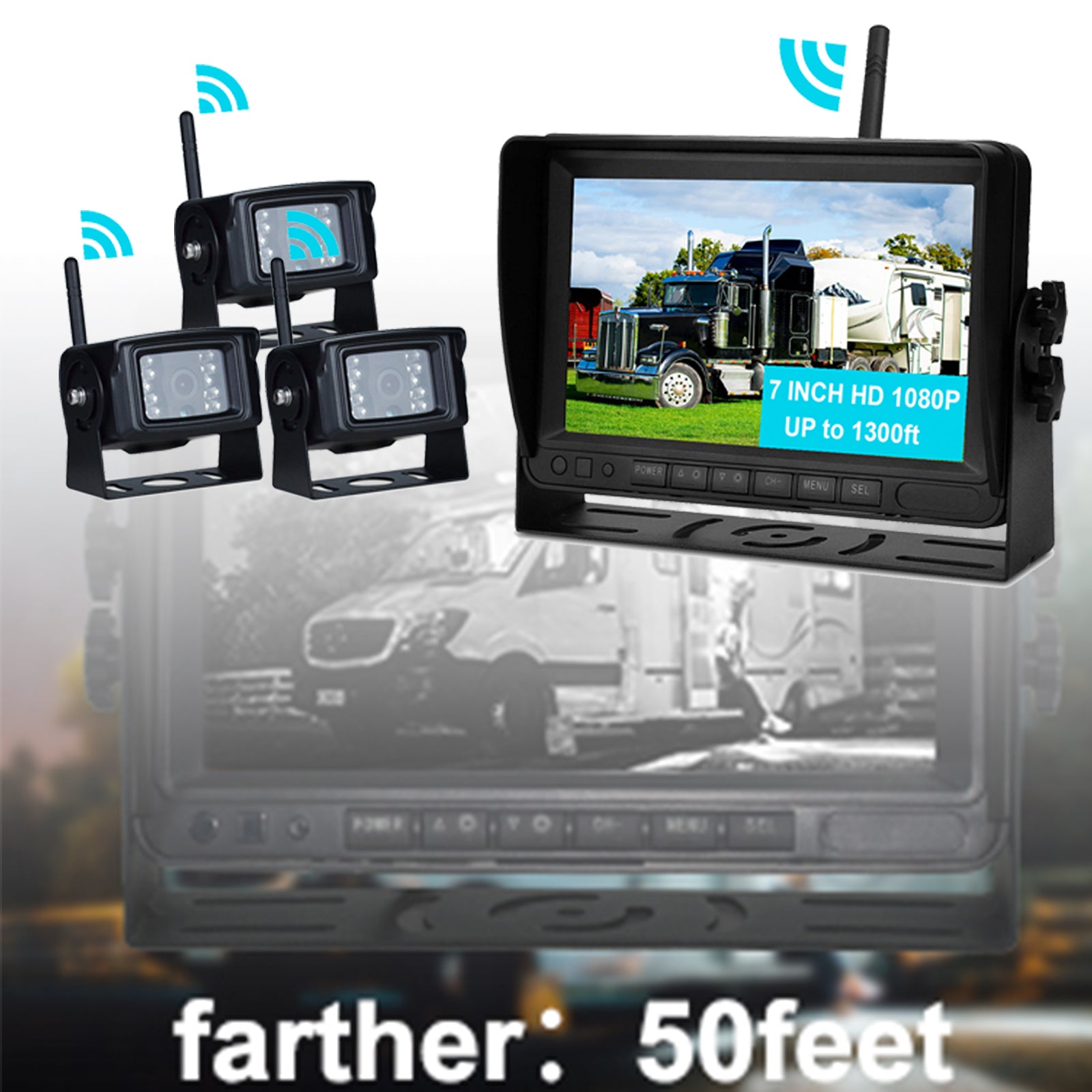 7" Display Wireless AHD 1080P 3CH Rear View Backup Camera Kit for Truck Trailer