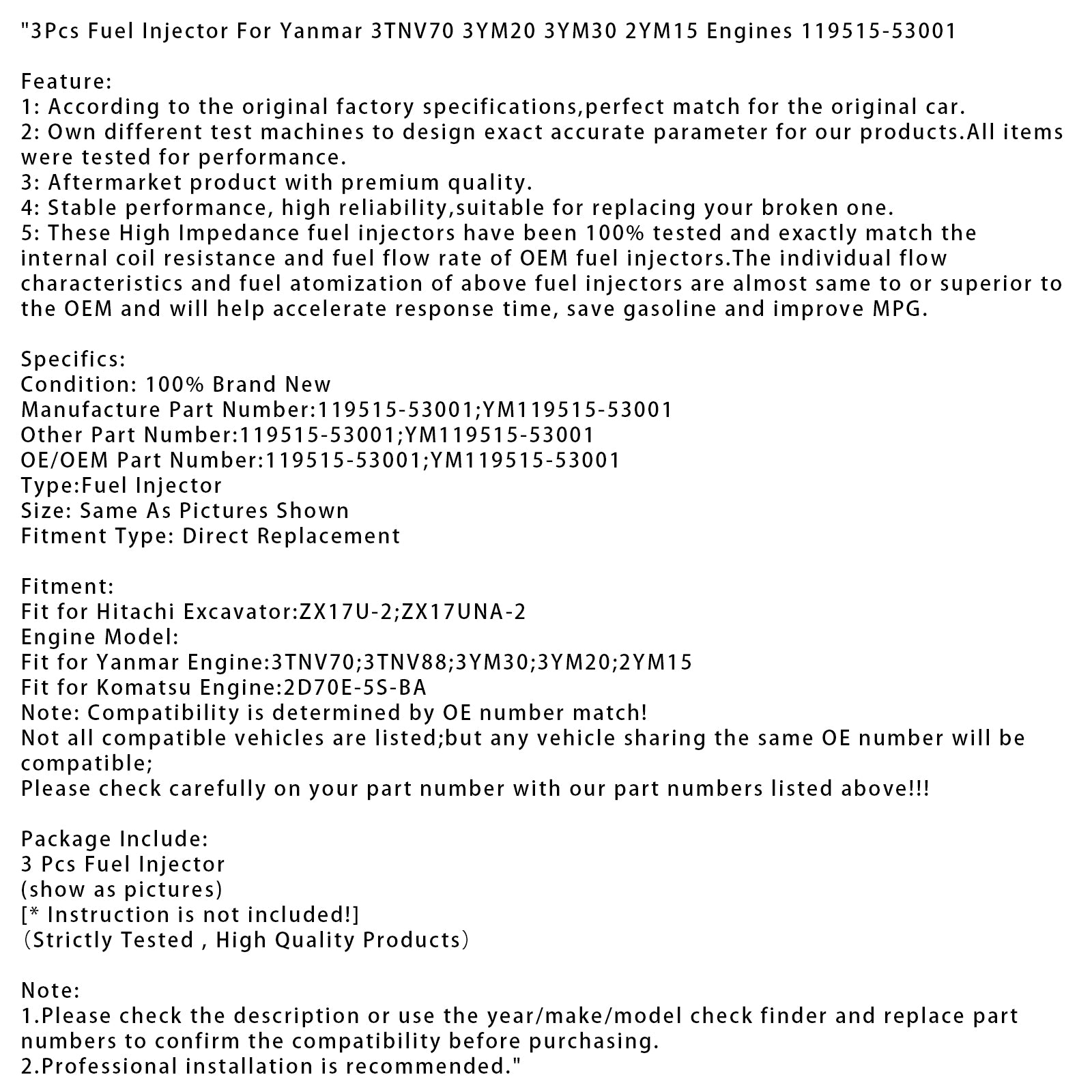 3Pcs Fuel Injector For Yanmar 3TNV70 3YM20 3YM30 2YM15 Engines 119515-53001