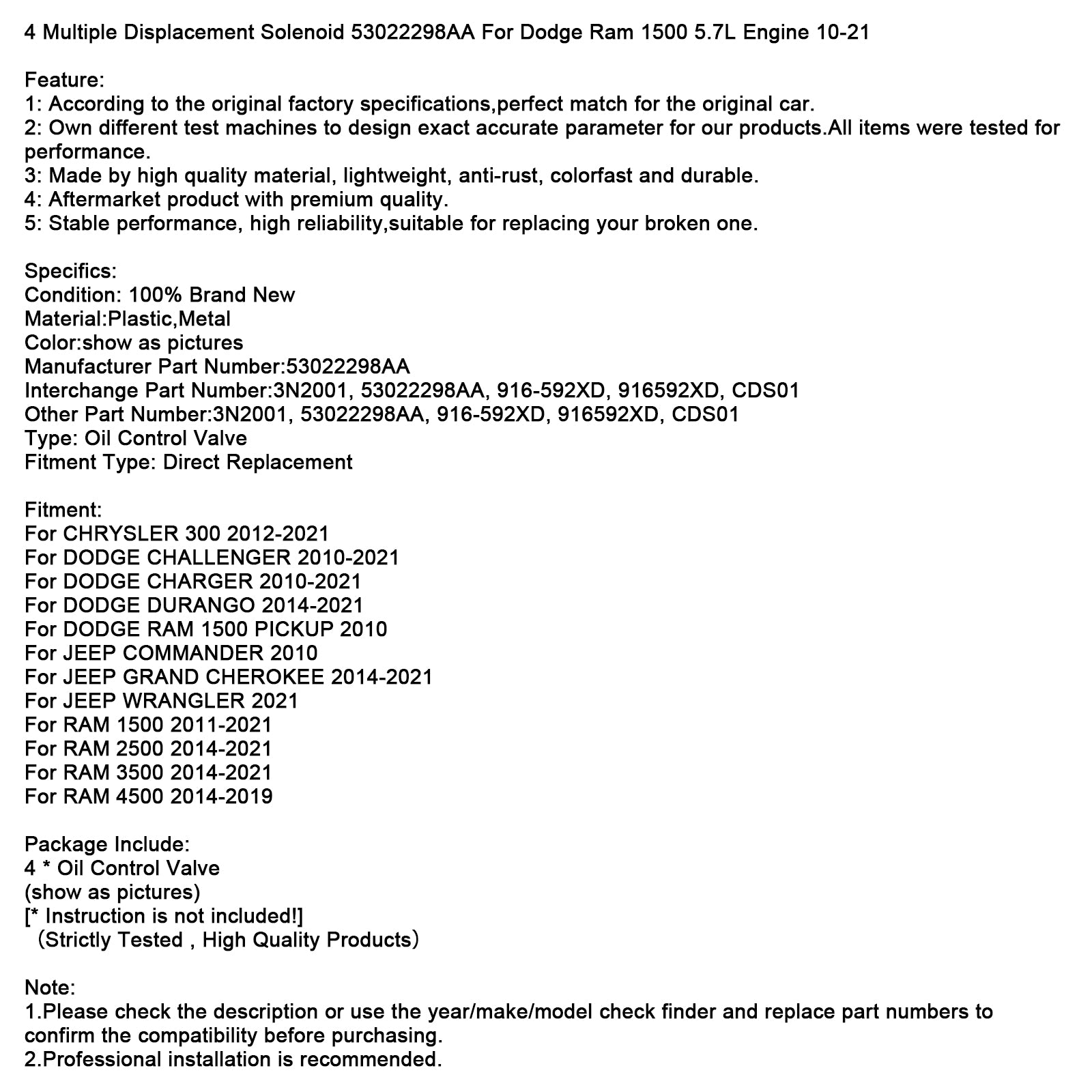 4 Solénoïde à déplacement multiple 53022298AA pour Dodge Ram 1500 Engine 10-21