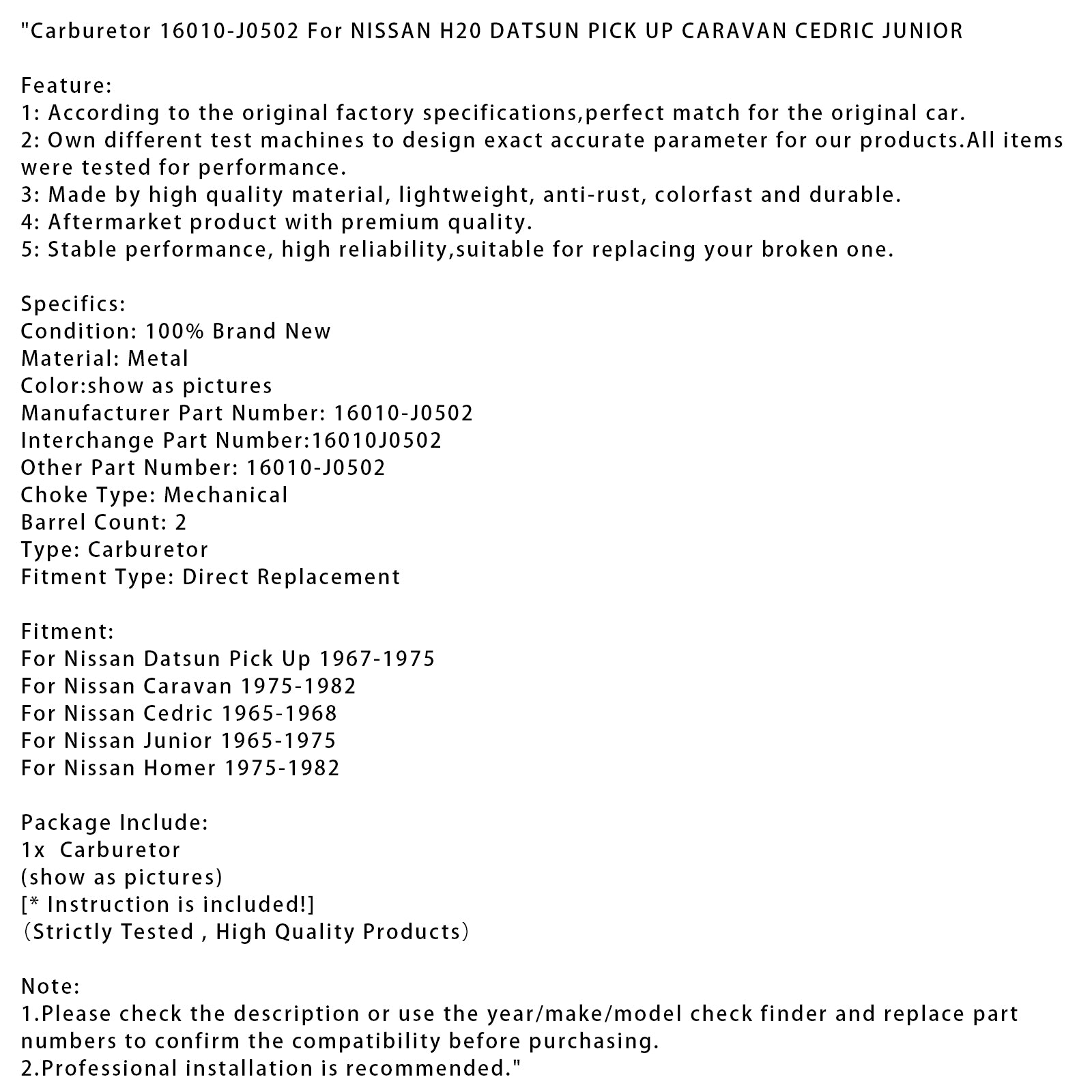 Carburador de recogida Nissan Datsun 1967-1975 16010-J0502