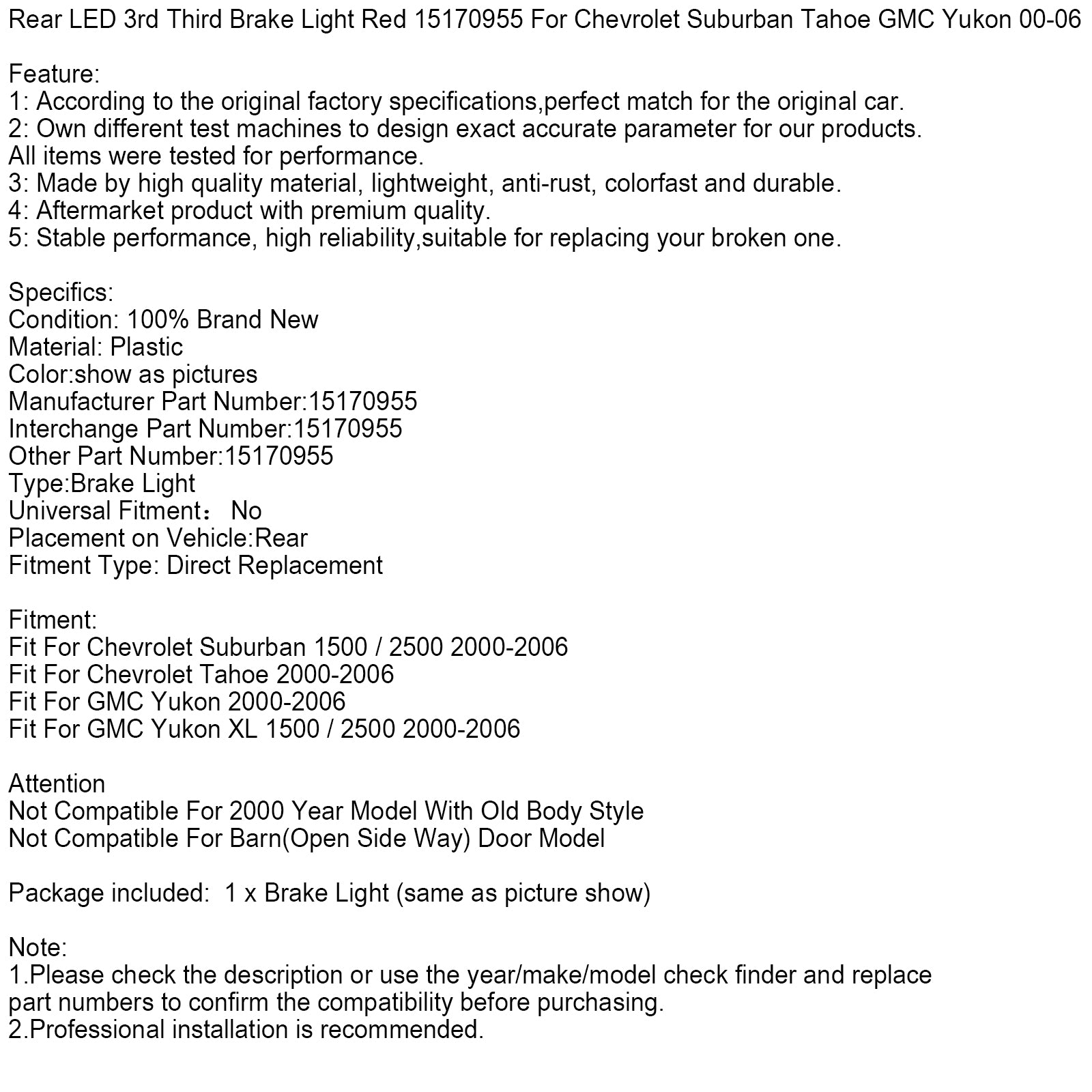 Rear LED 3rd Third Brake Light Red 15170955 For Chevrolet Suburban 00-06