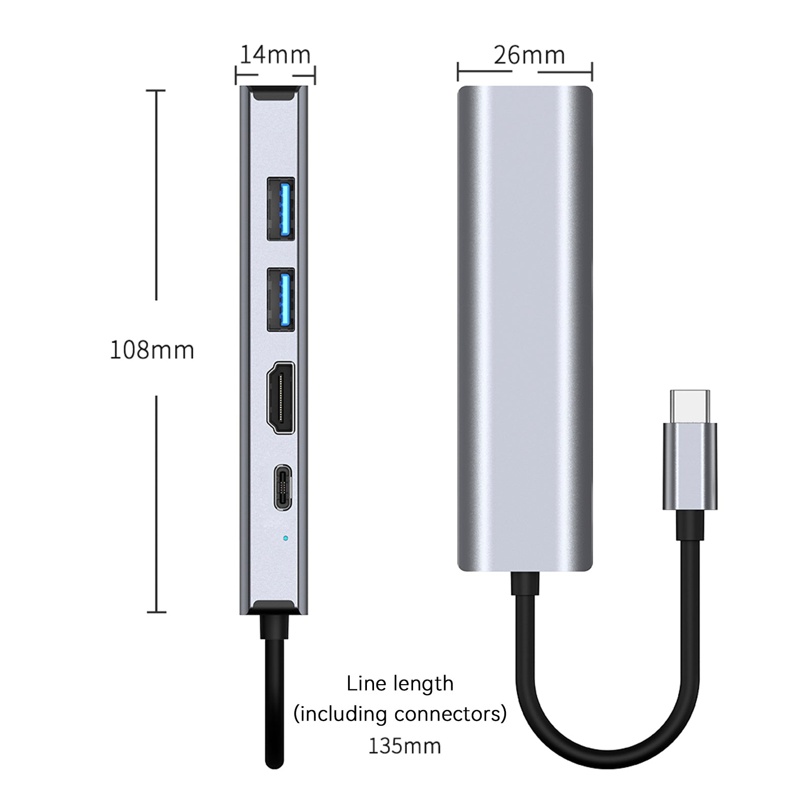 5 en 1 TYPE-C a USB3.0*1+USB2.0*1+PD100W/USB-C Data+HDMI+100M Tarjeta de red iPad
