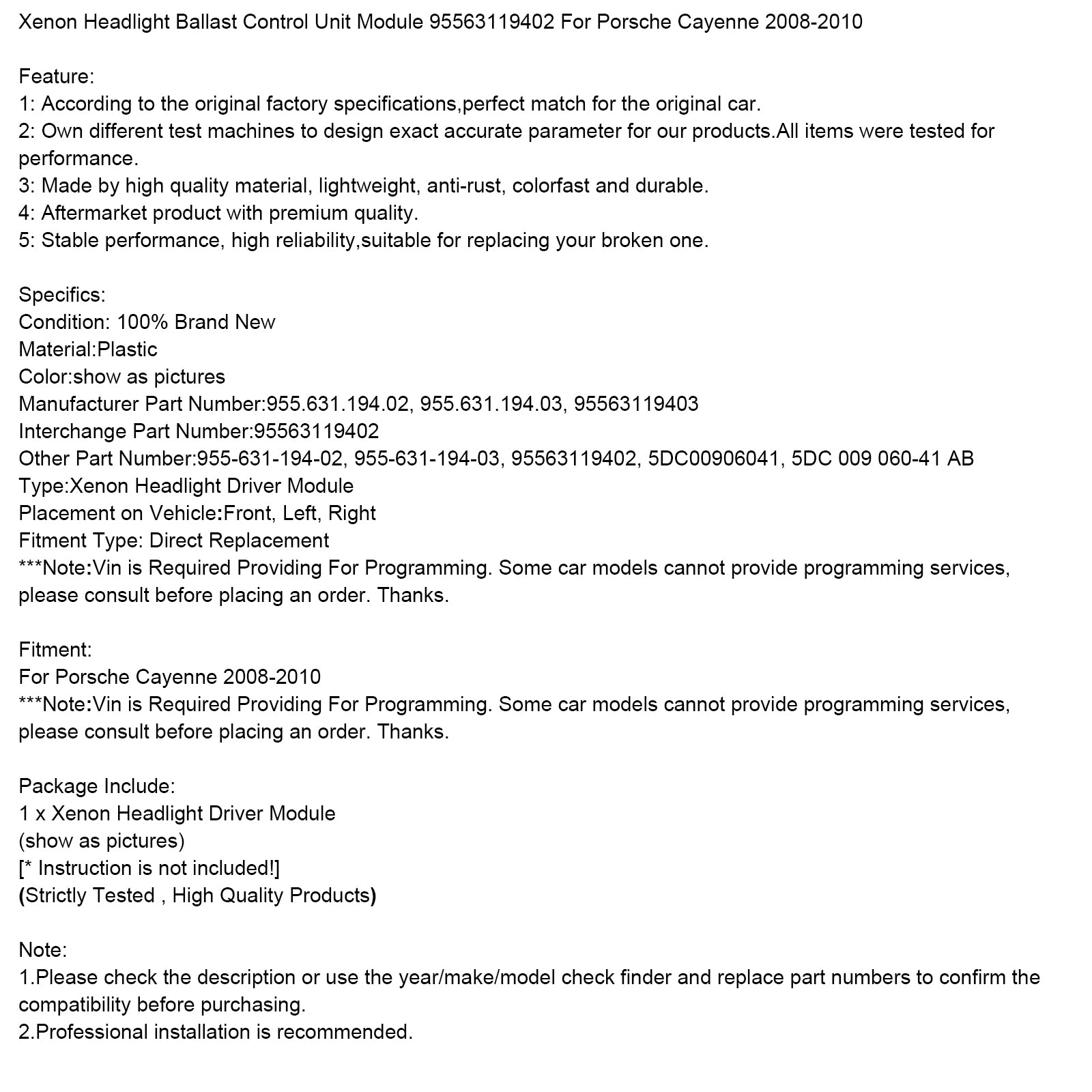 2008-2010 Porsche Cayenne Headlight Ballast Control Unit Module 95563119402
