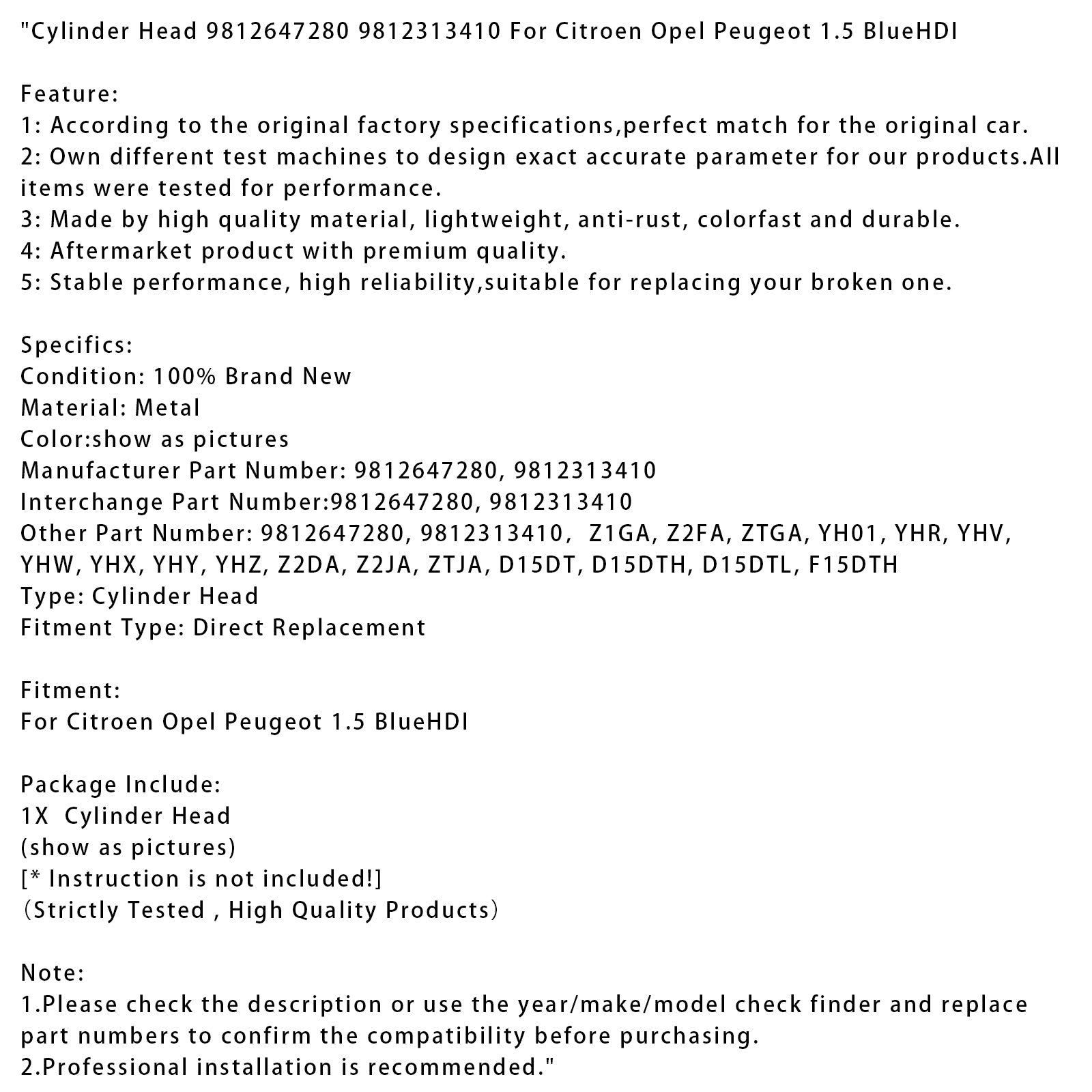 Culasse de Citroën Opel Peugeot 1,5 BlueHDI 9812647280 9812313410