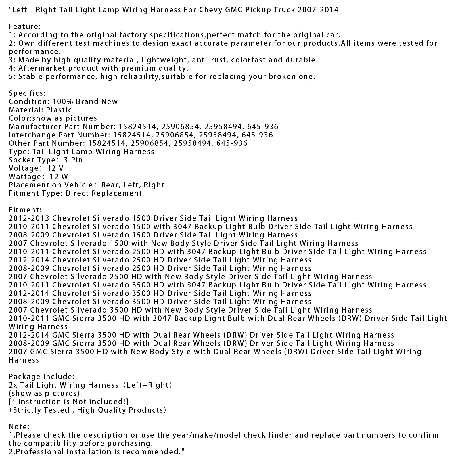 Left+ Right Tail Light Lamp Wiring Harness For Chevy GMC Pickup Truck 2007-2014