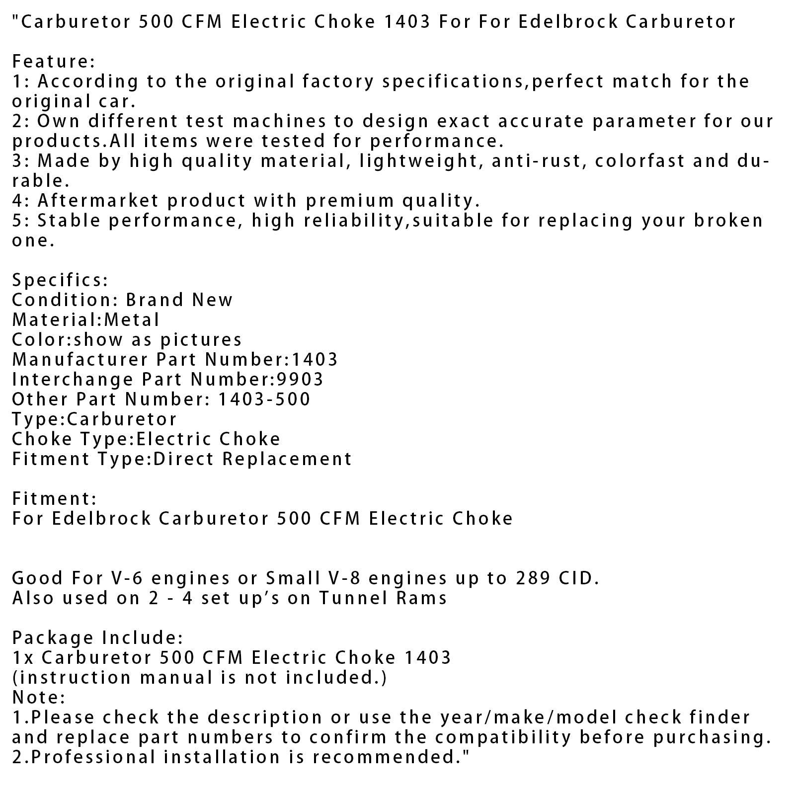 Carburateur 500 CFM starter électrique 1403 adapté au carburateur Edelbrock U8