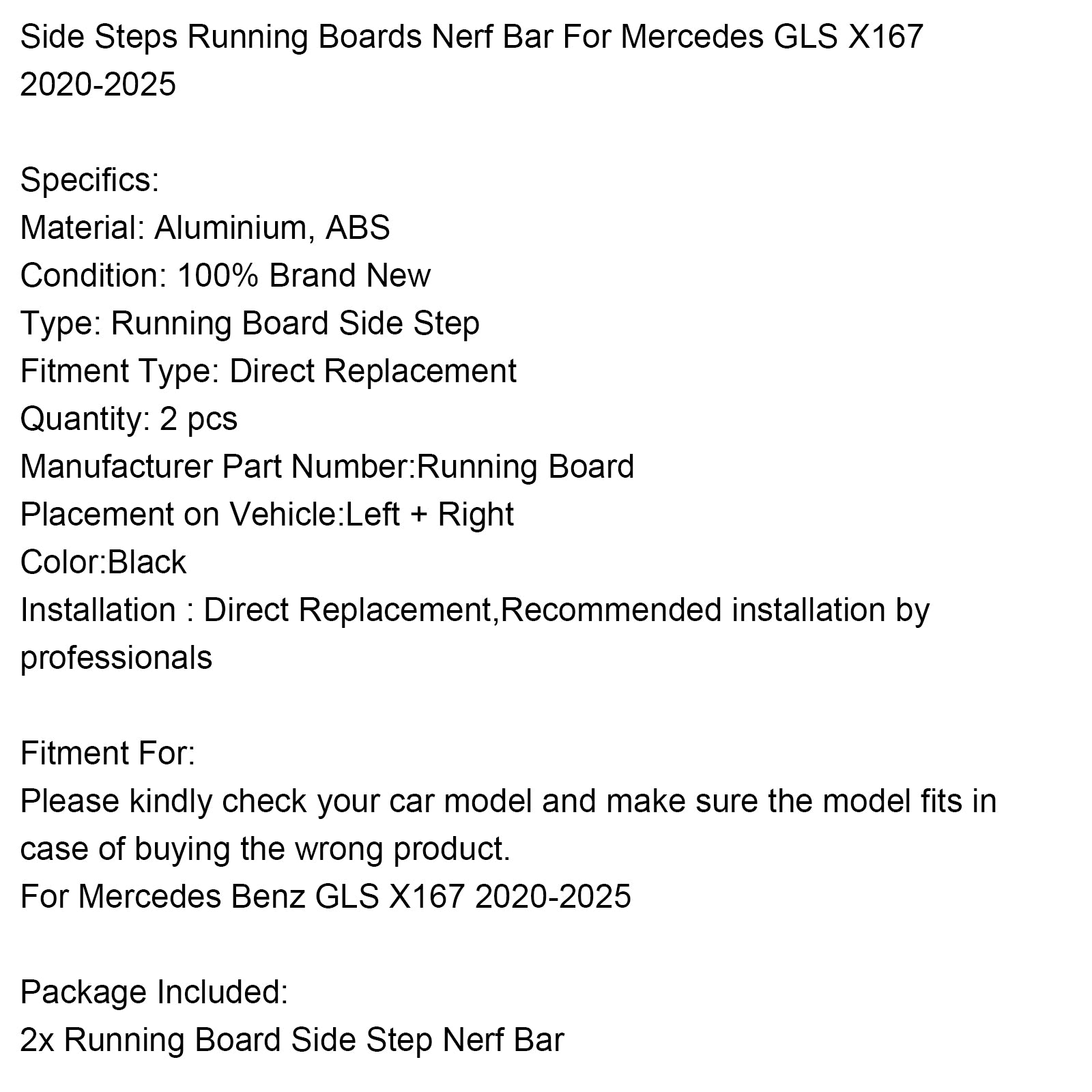 2020-2025 Mercedes GLS X167 Étapes latérales Barrières Nerf Bar pour la plate-forme gauche + la plate-forme droite étape latérale