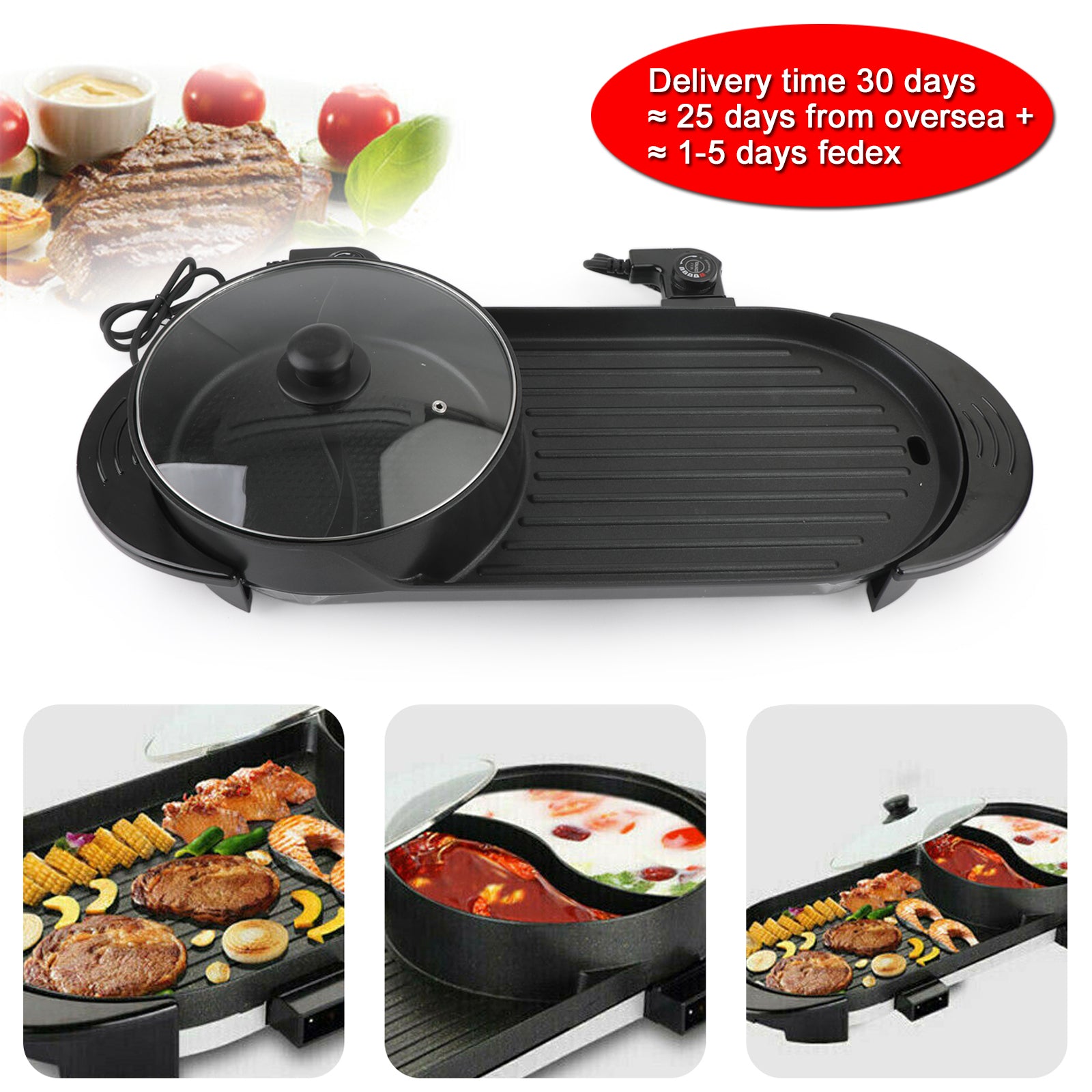 2 in 1 Portable Electric Hot Pot Barbecue Grill Non-Stick Teppanyaki Pan