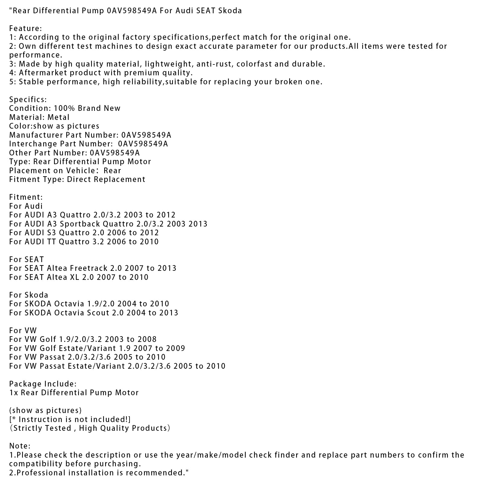2007-2013 SEAT Altea Freetrack 2.0 Bomba diferencial trasera 0AV598549A