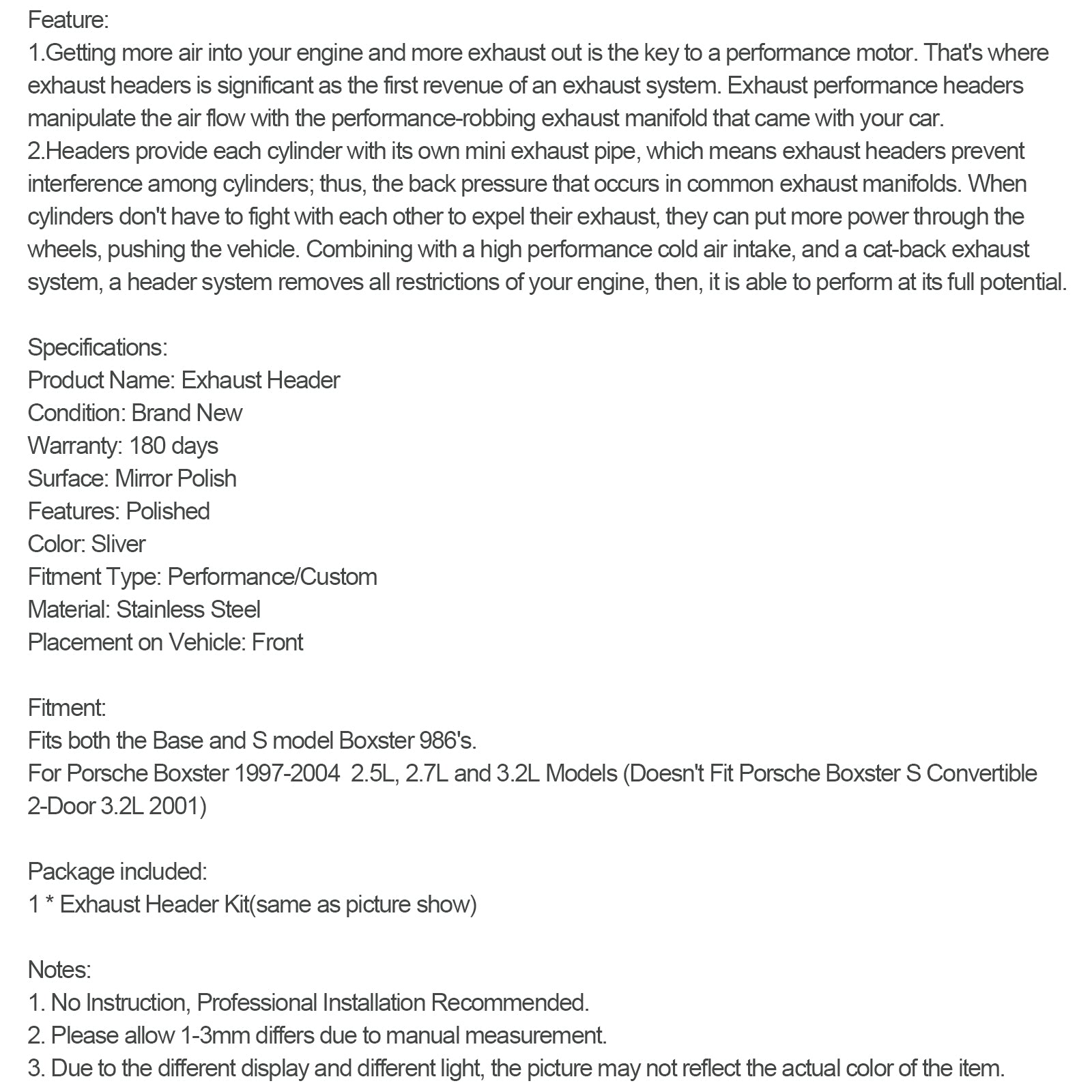 Coletor de escape de aço inoxidável compatível com Porsche Boxster 986 2.5L & 2.7L 1997-2004