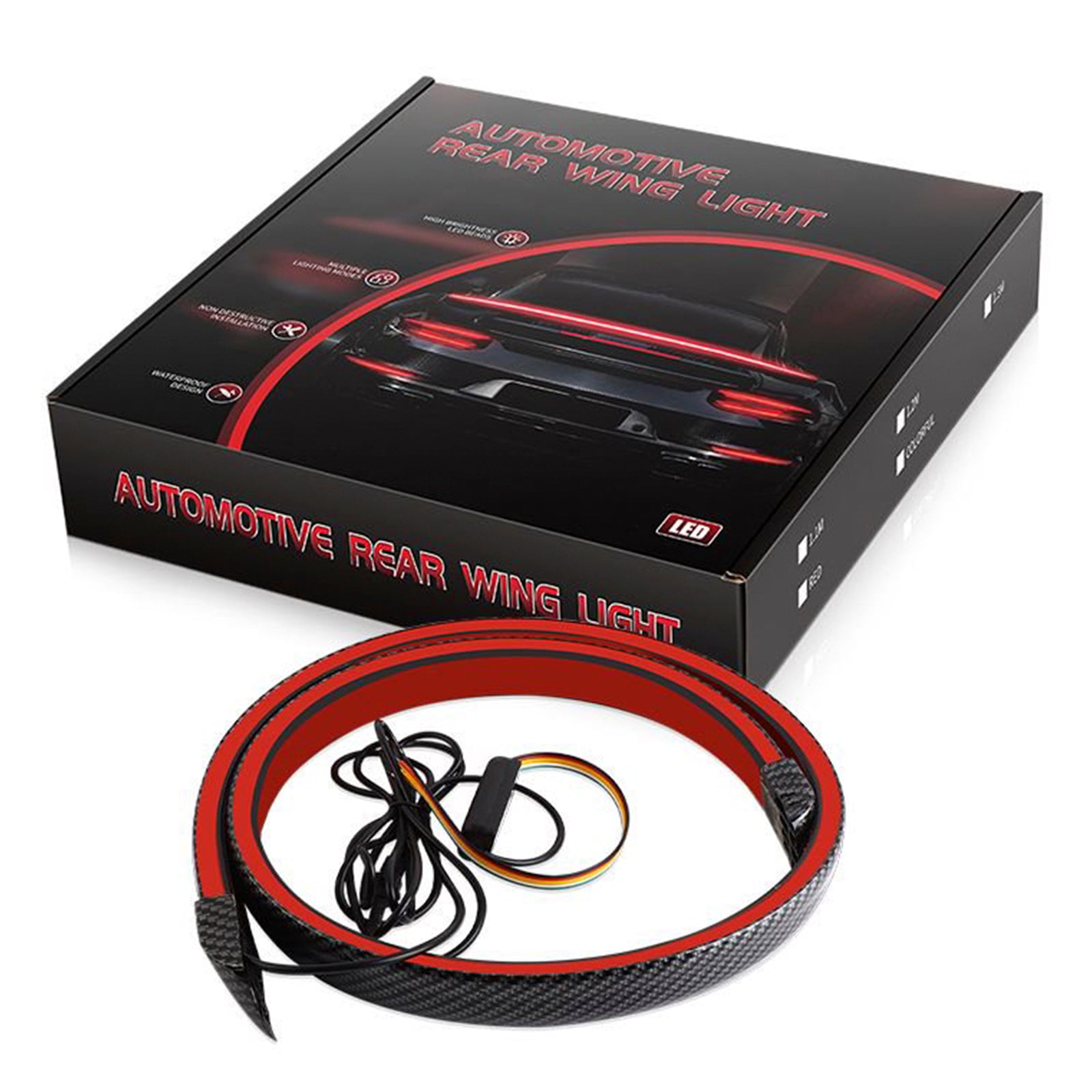 Lámpara de serpentina trasera de coche, luz LED de fibra de carbono, alerón trasero, labio, freno, maletero, rojo, 1,3 M