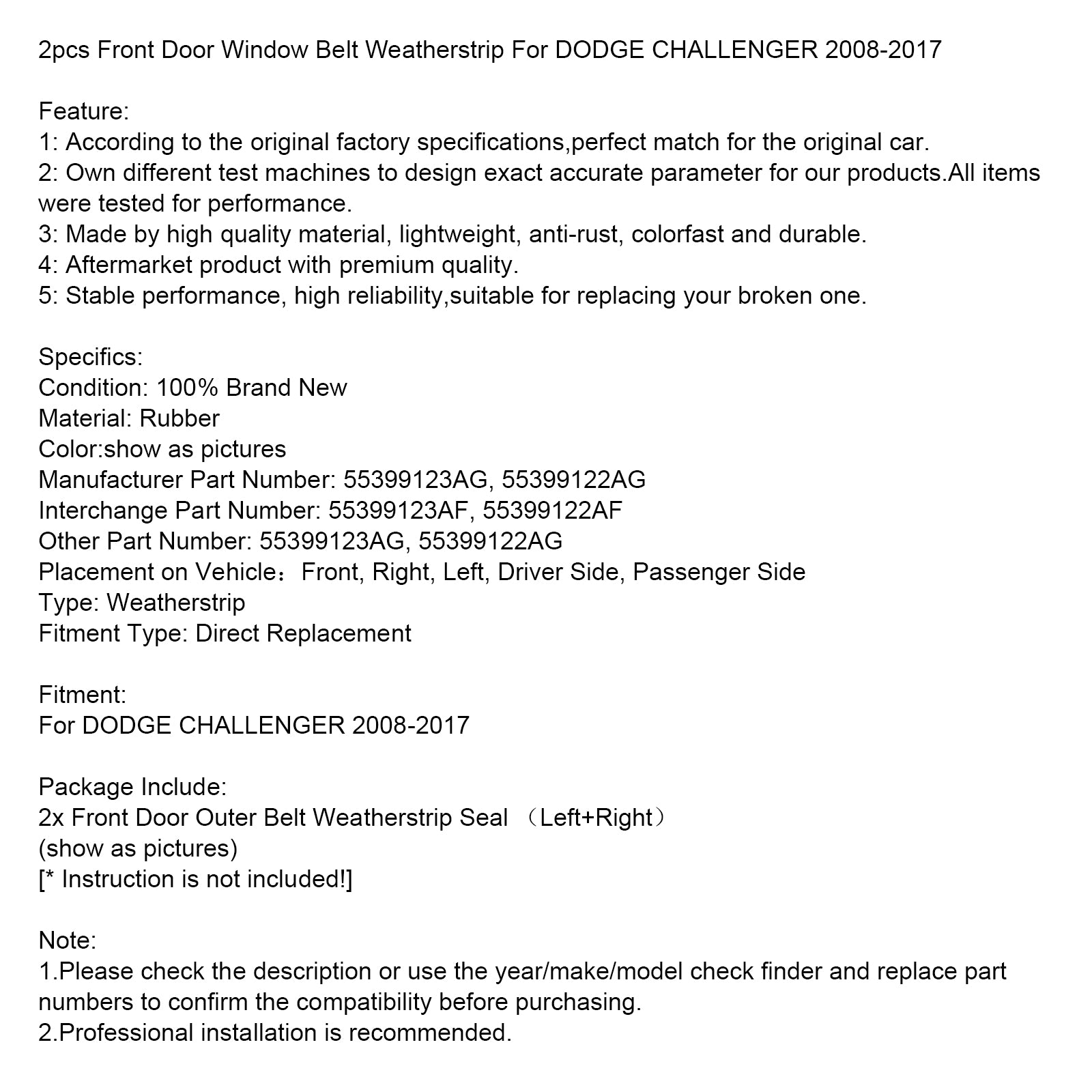 2008-2017 DODGE CHALLENGER 2pcs Front Door Window Belt Weatherstrip