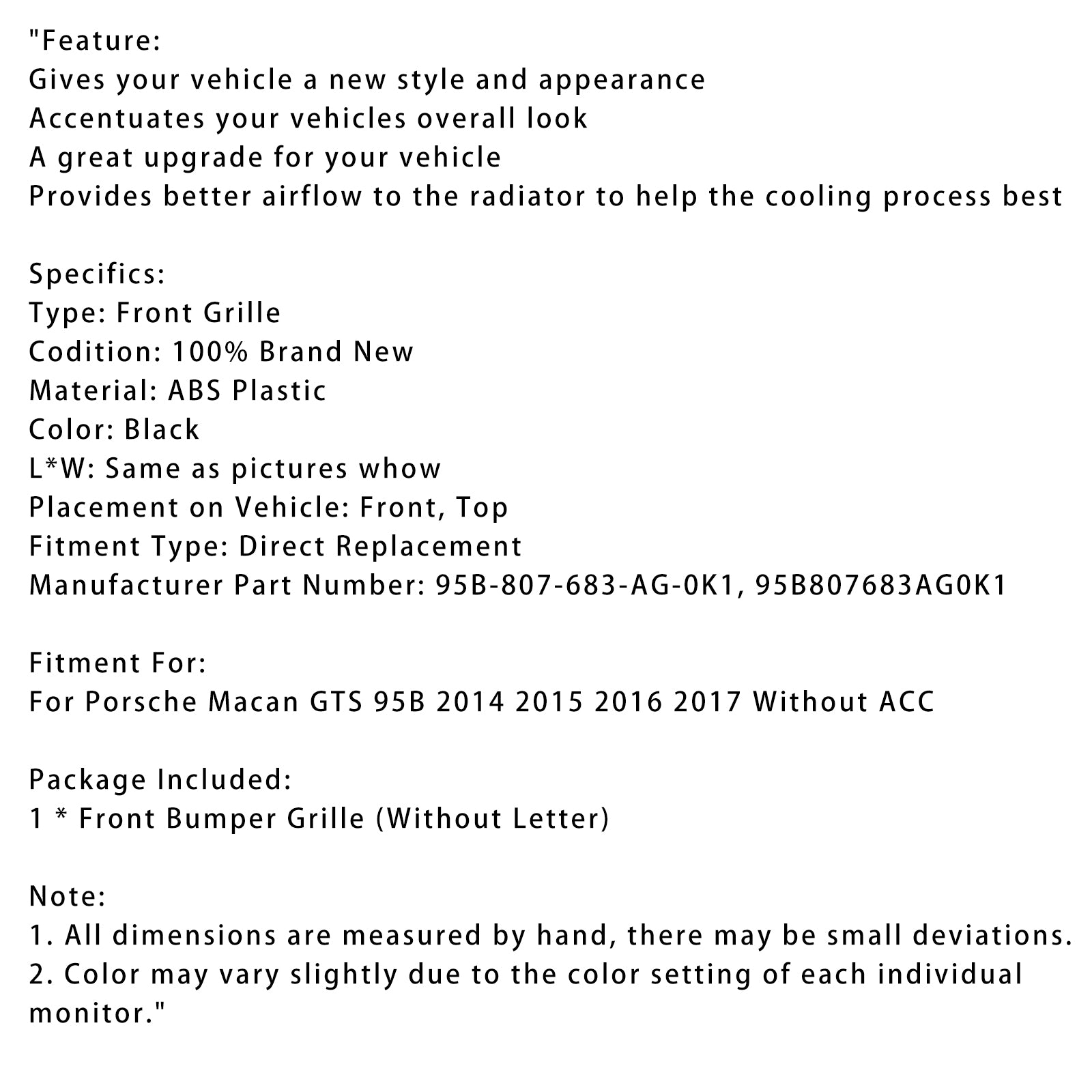 2014-2017 Porsche Macan GTS 95B voorbumpergrillrooster 95B807683-AG-0K1