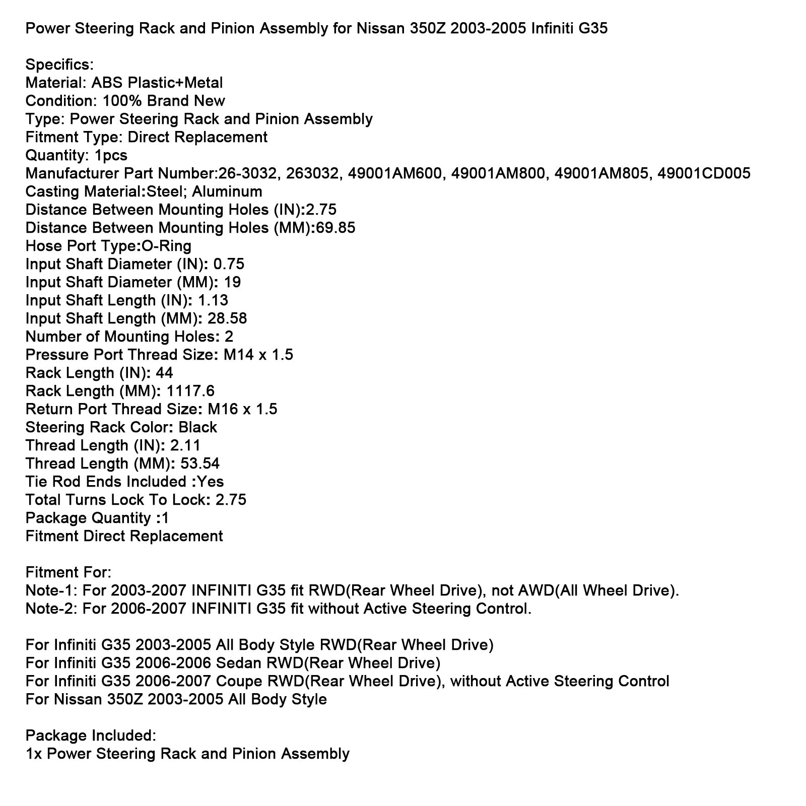 2003-2005 Nissan 350Z Todo estilo de carrocería Conjunto de piñón y cremallera de dirección asistida 263032