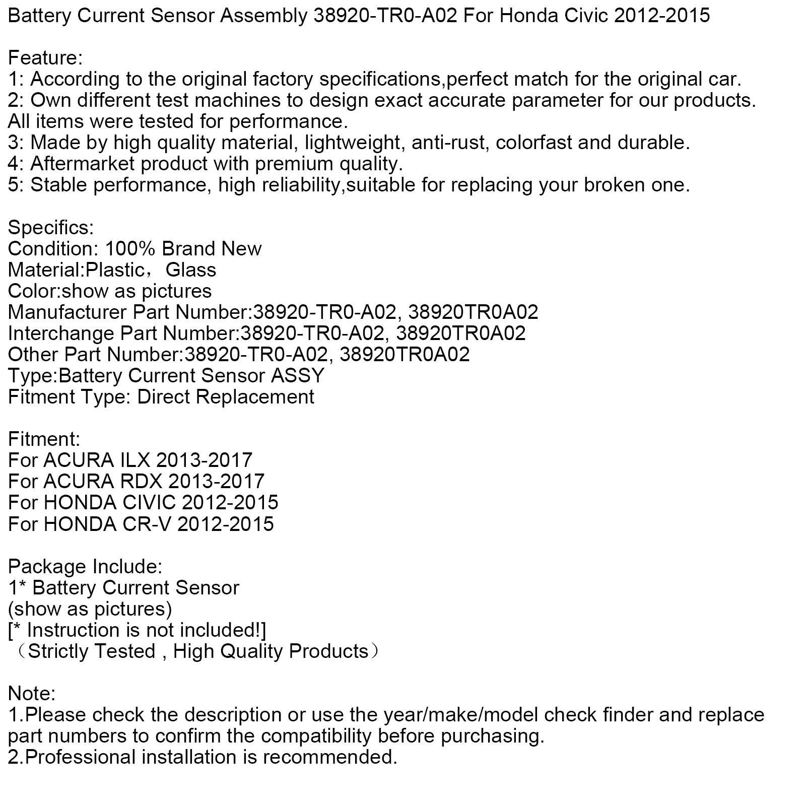 Battery Current Sensor Assembly 38920-TR0-A02 For Honda Civic 2012-2015