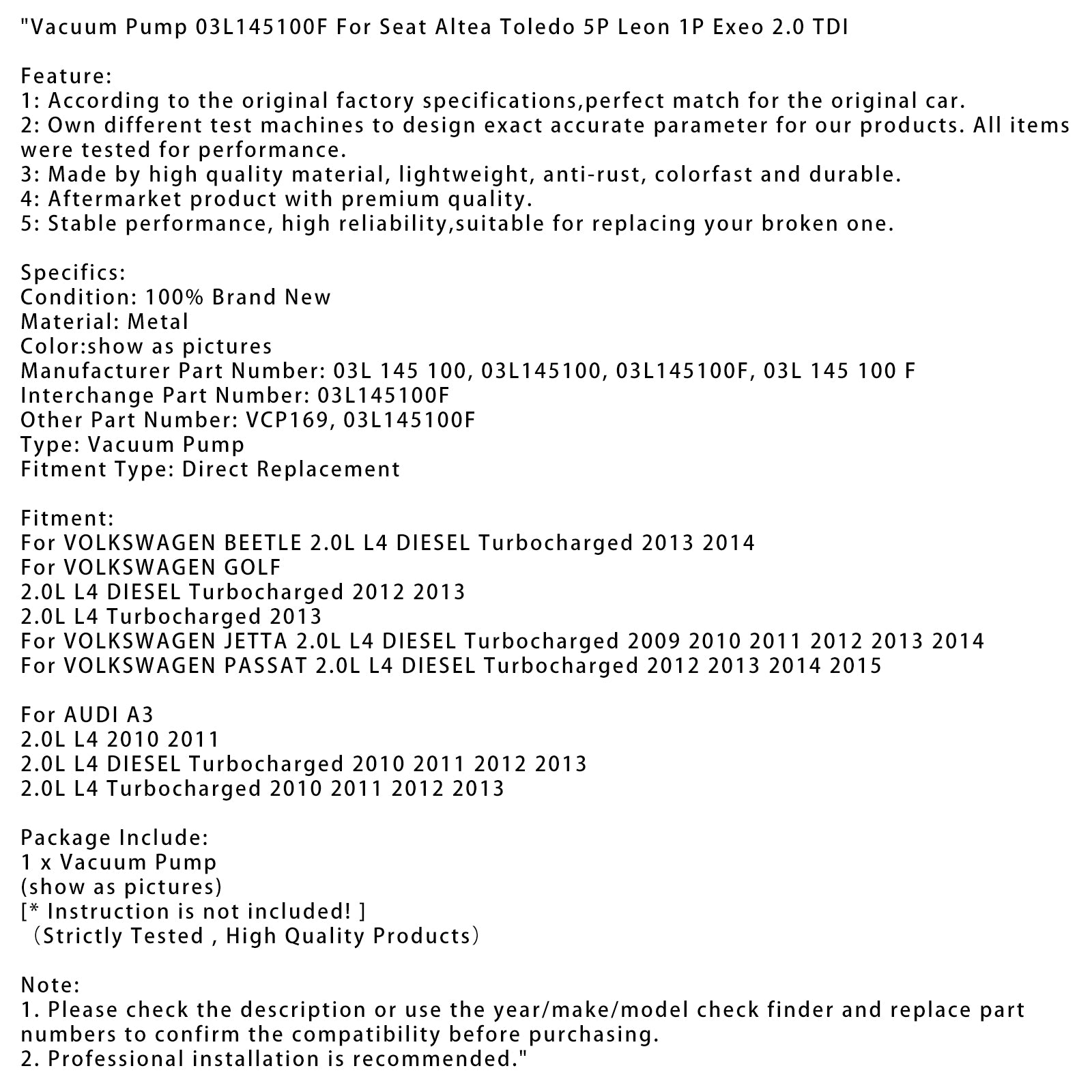2010 2011 2012 2013 AUDI A3 2.0L L4 DIESEL Turbocompressor Vacuümpomp 03L145100F VCP169