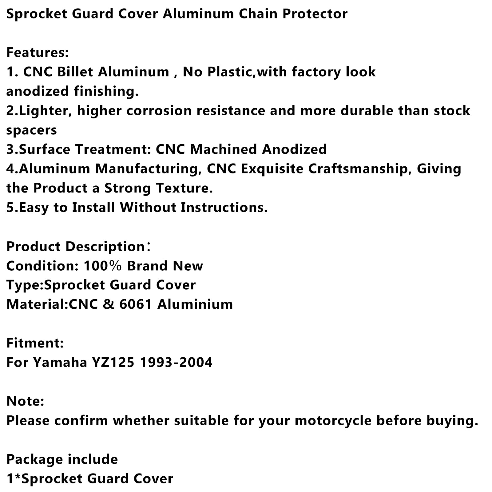 1993-2004 Yamaha YZ125 Couvre-pignon Couverture de la chaîne en aluminium Protecteur