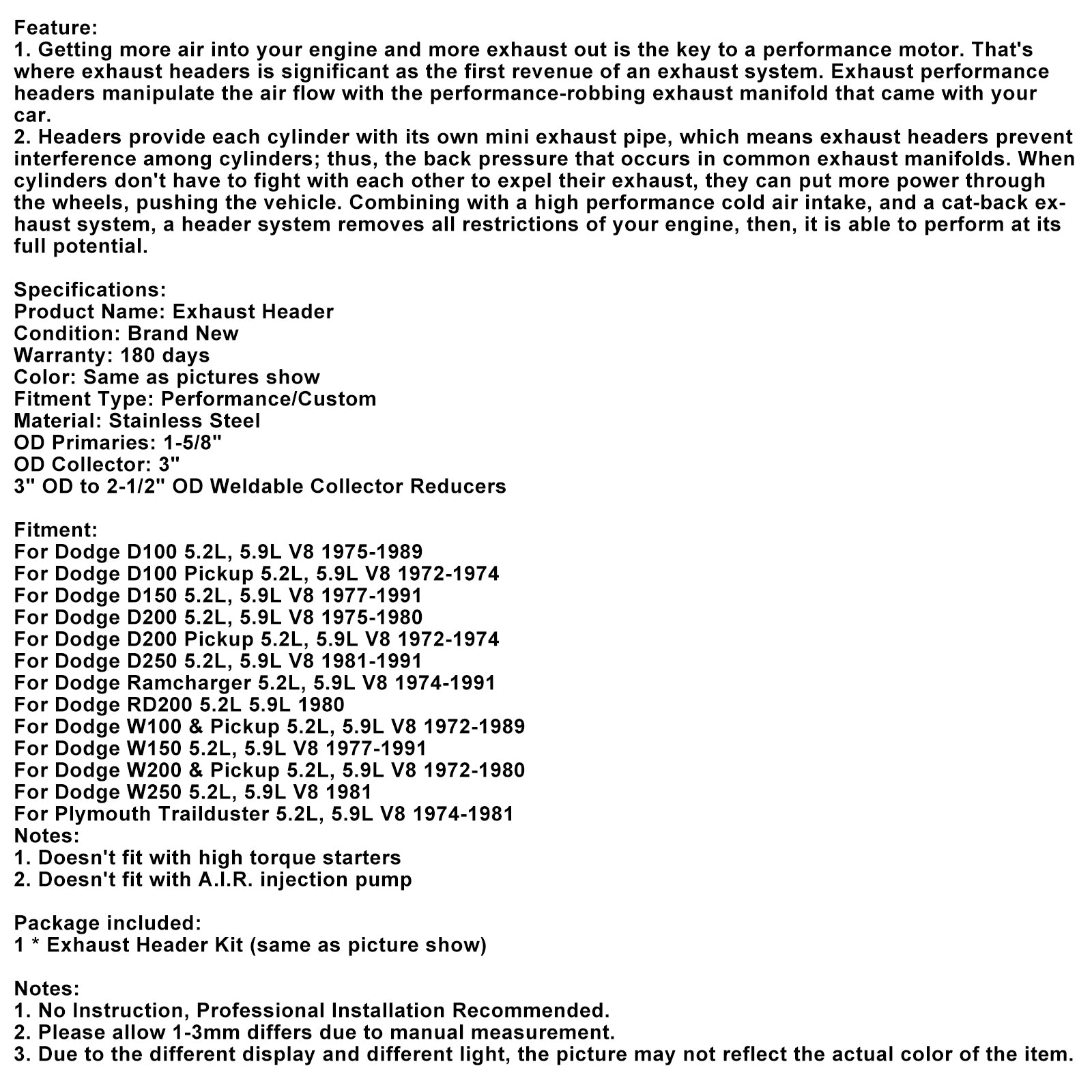 Stainless Steel Exhaust Manifold Header Fit Dodge D100 D150 D200 RD200