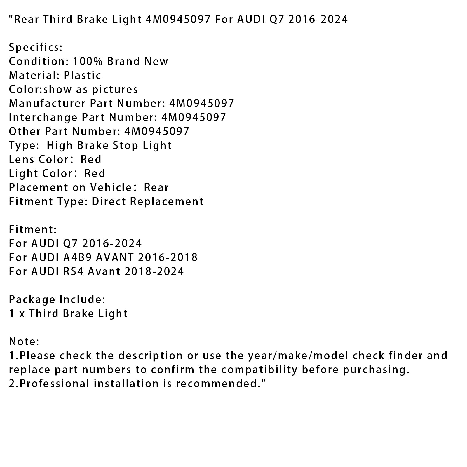 Zadné tretie brzdové svetlo 4M0945097 pre Audi Q7 2016-2024
