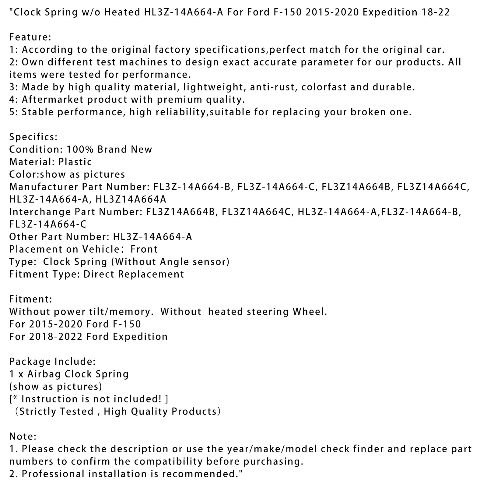 2015-2020 Ford F-150 Clock Spring w/o Heated HL3Z-14A664-A