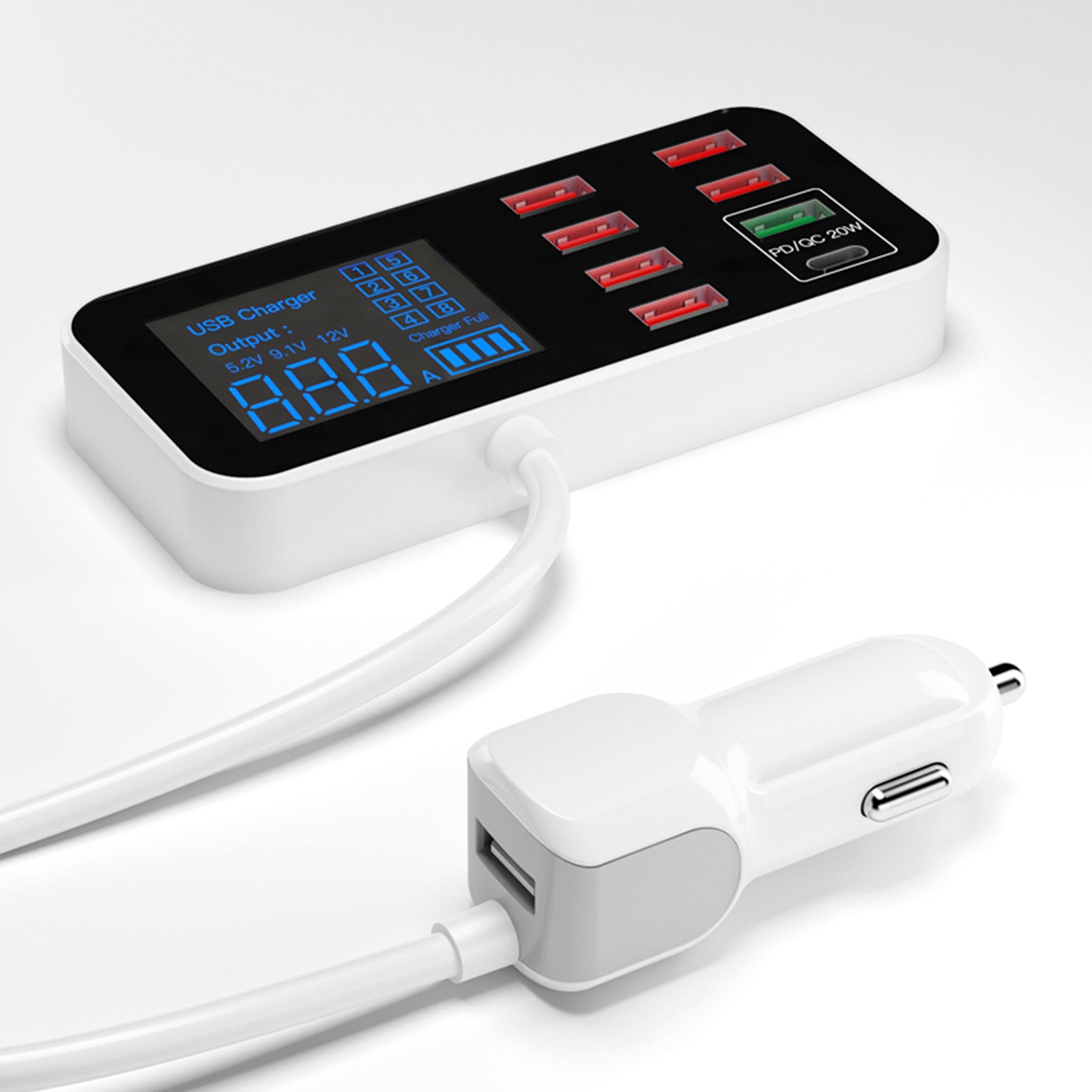 USB -lader PD5V1A QC3.0 Vis liten bil 8 Portbillader sigarettenner