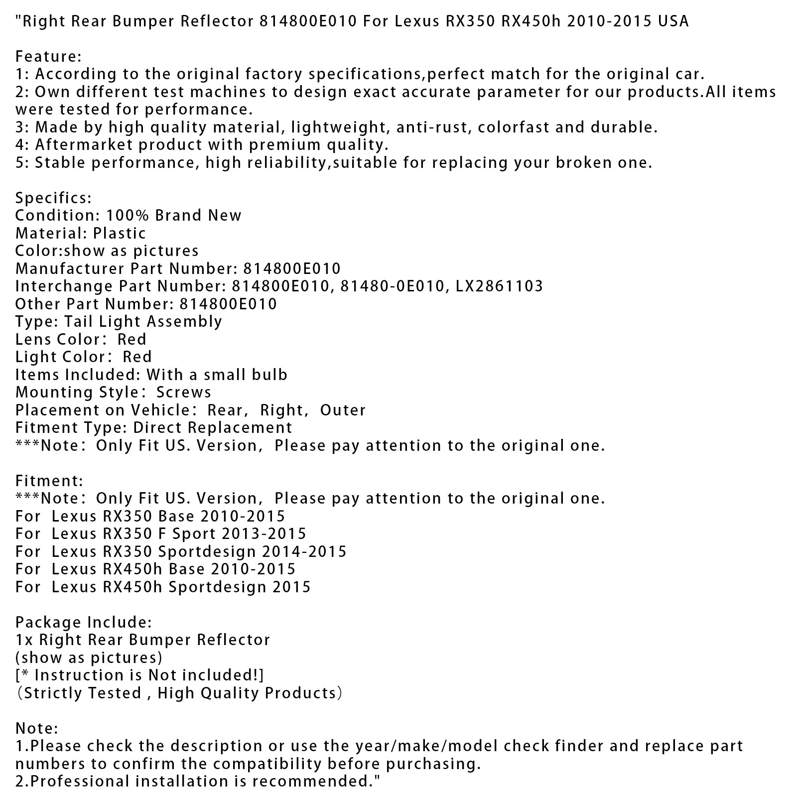 Right Rear Bumper Reflector 814800E010 For Lexus RX350 RX450h 2010-2015 USA