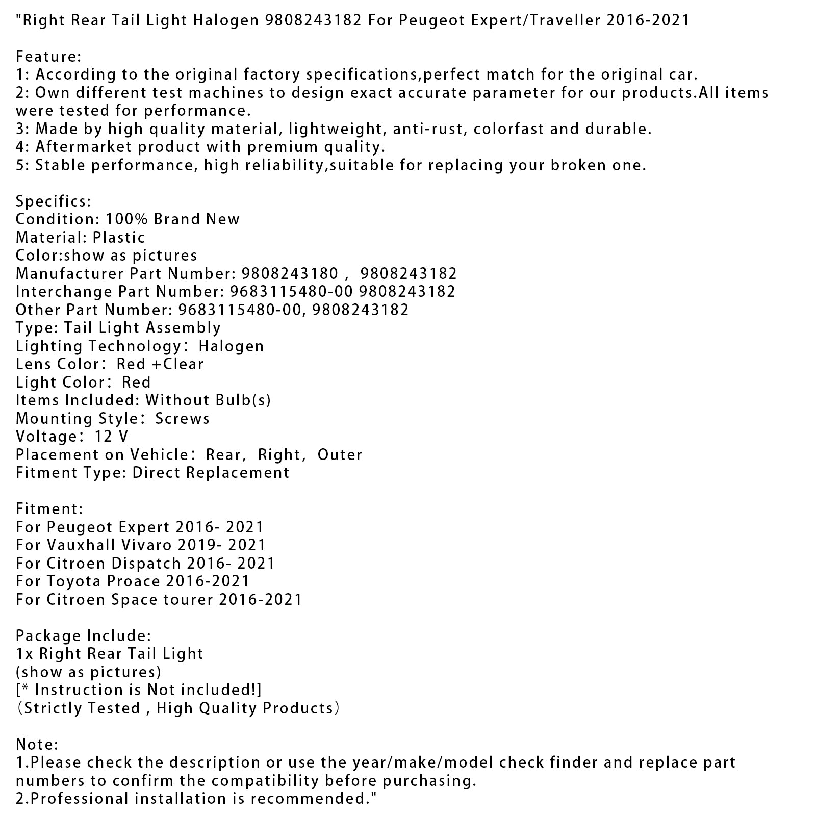 Right Rear Tail Light Halogen 9808243180 For Peugeot Expert/Traveller 2016-2021