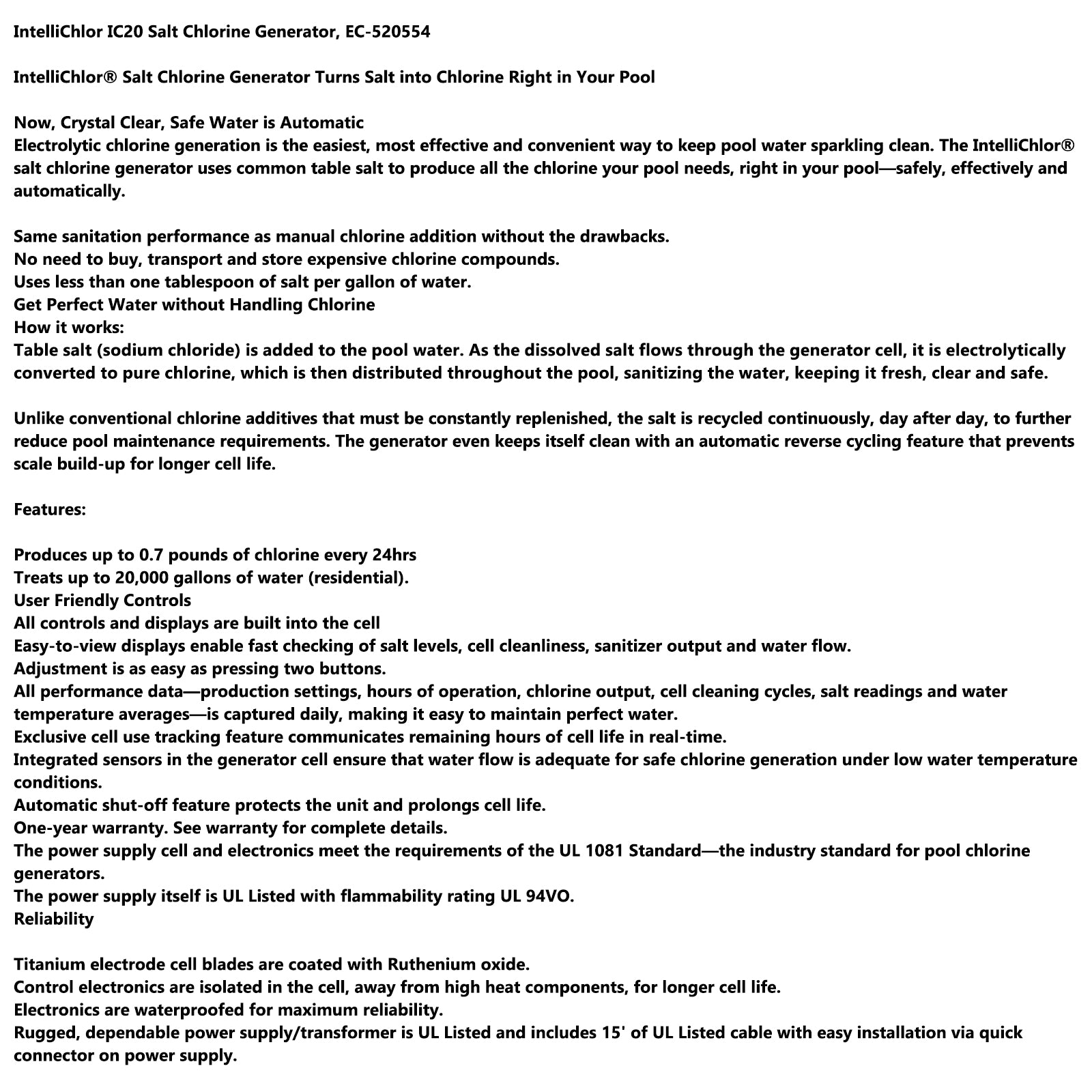 IC20 EC-520554 Saltizador de clorinador de sal de 20.000 galões piscina de água salgada