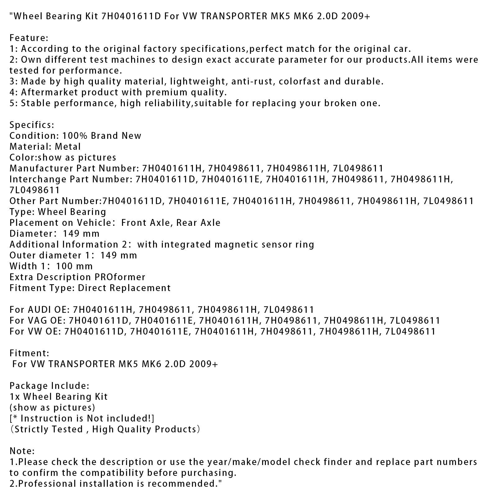 2009+ VW TRANSPORTER MK5 MK6 2.0D Wheel Bearing Kit 7H0401611D