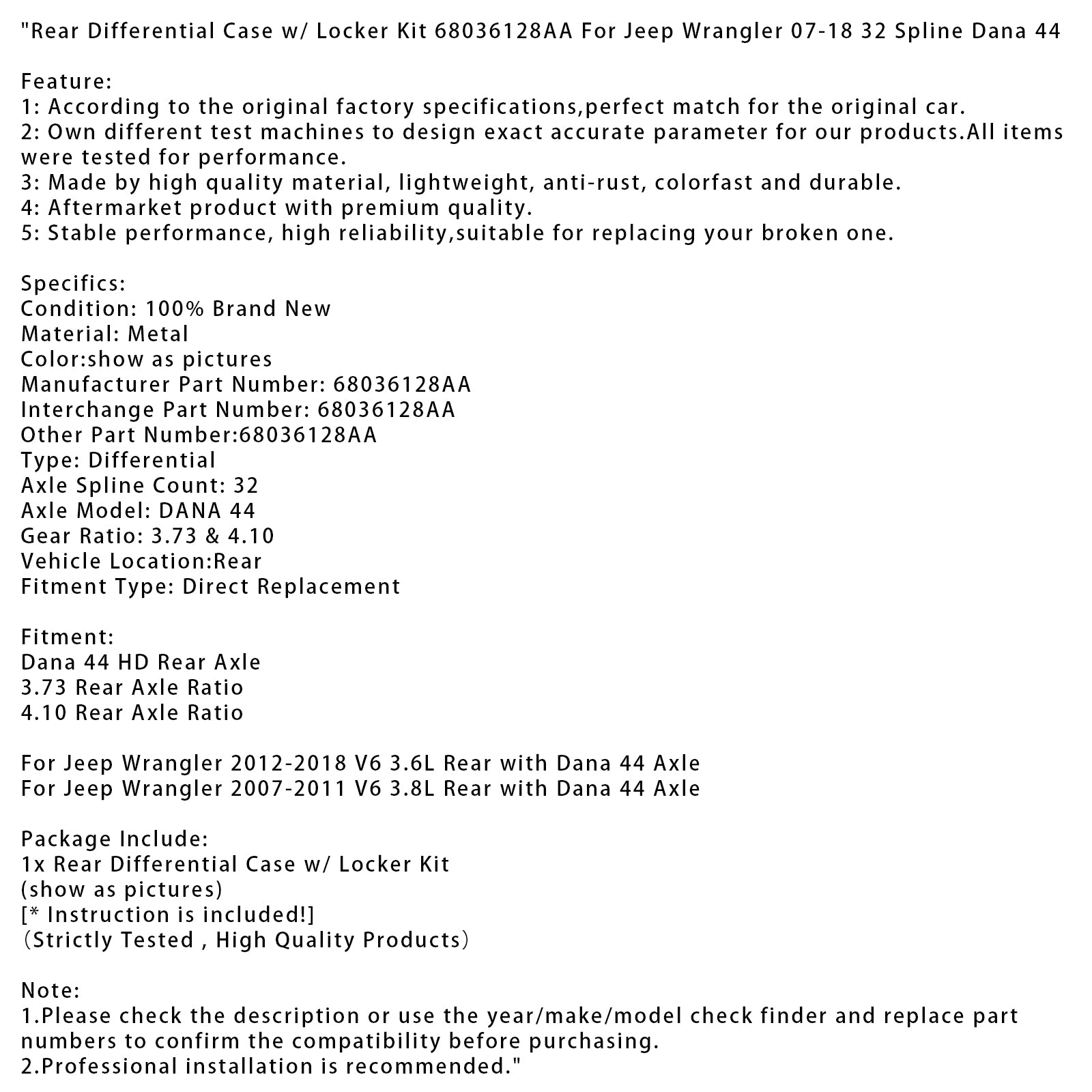 2012-2018 Jeep Wrangler V6 3.6L trasero con caja de diferencial trasero Dana de 44 ejes con kit de casillero 68036128AA
