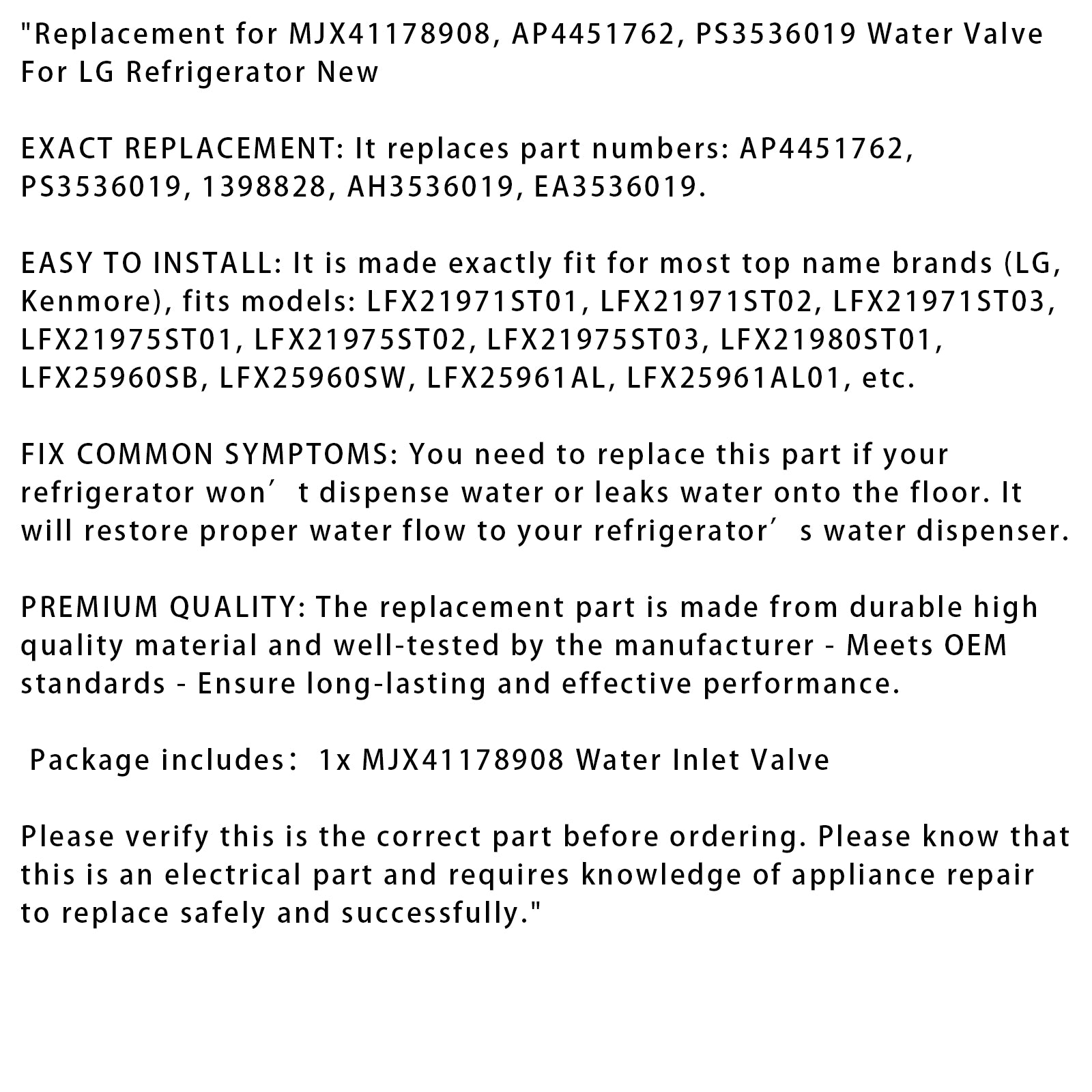 MJX41178908 PS3536019 Vannventil for LG Kjøleskap Bytte AP4451762