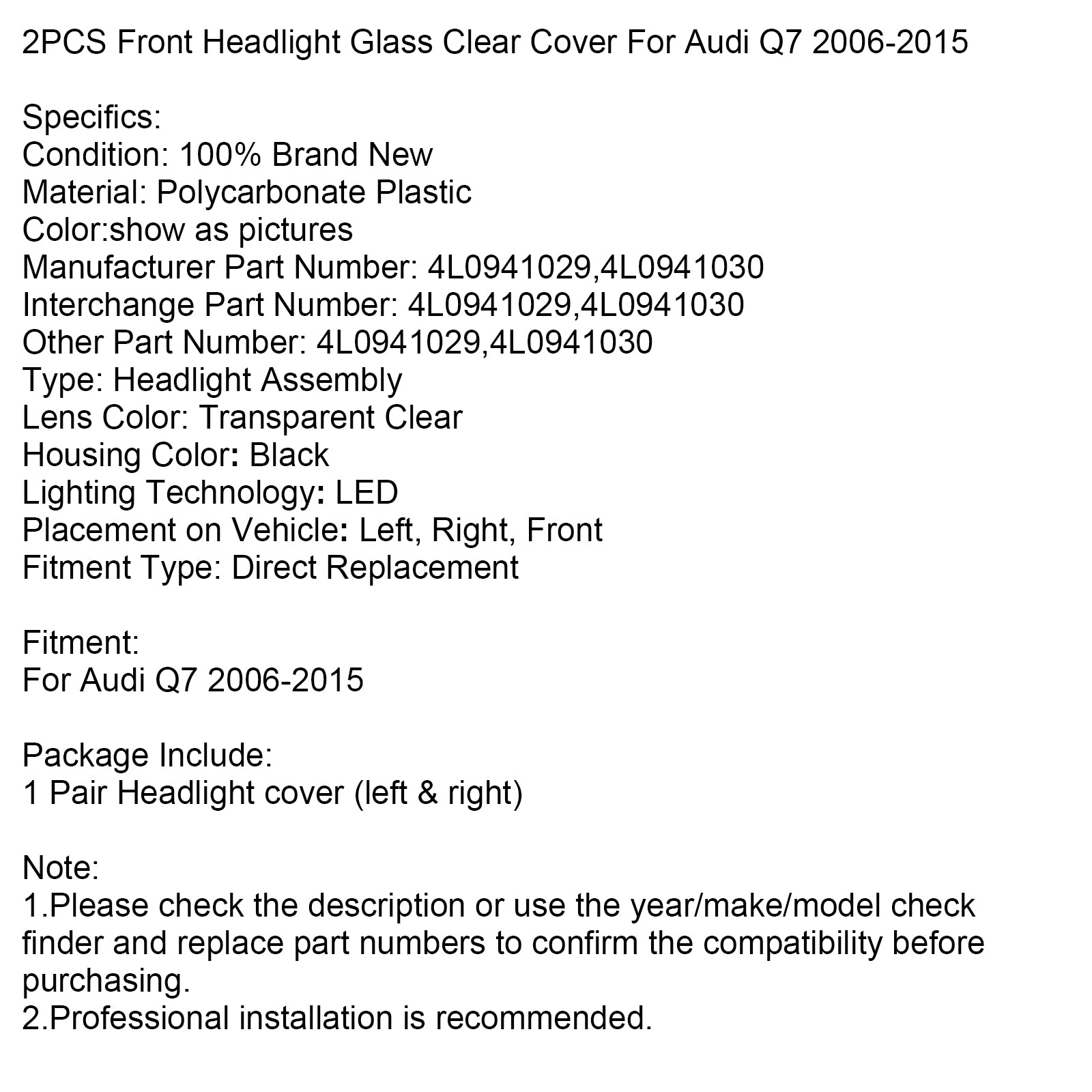 2 STUKS Koplamp Glas Clear Cover Voor Audi Q7 2006-2015