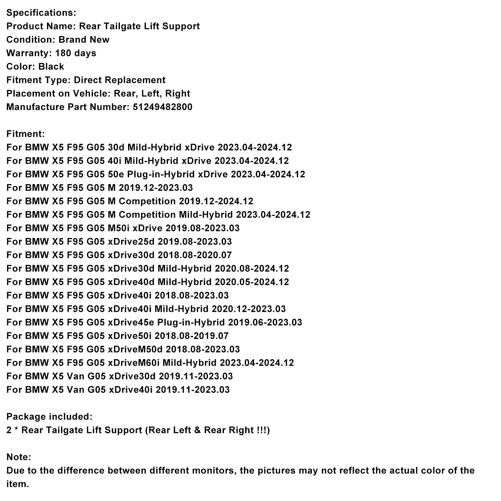 2019.08-2023.03 BMW X5 F95 G05 xDrive25d 2PCS Rear Electric Tailgate Gas Strut 51249482800