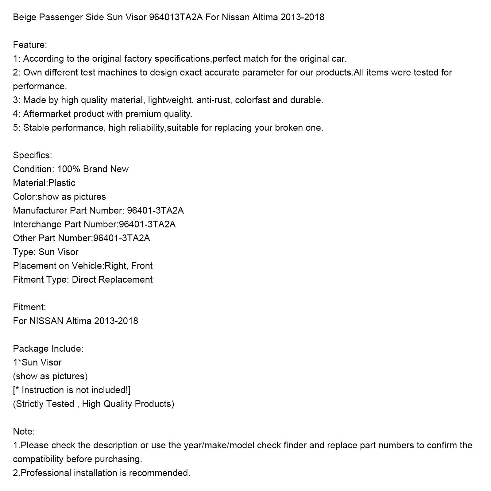 Visera solar para el lado del pasajero Nissan Altima 2013-2018, color beige, 964003TA2A