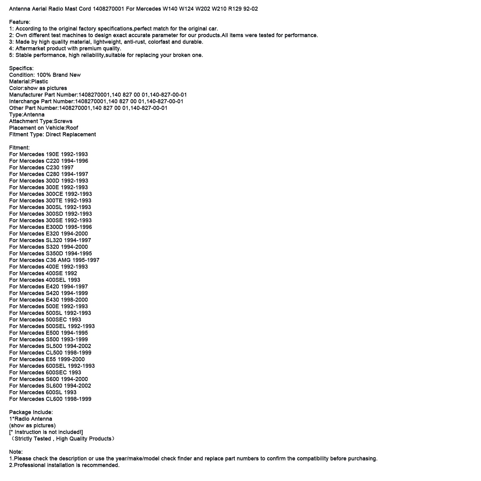 Antenna Aerial Radio Mast Cord 1408270001 For Mercedes W140 W124 W202 92-02