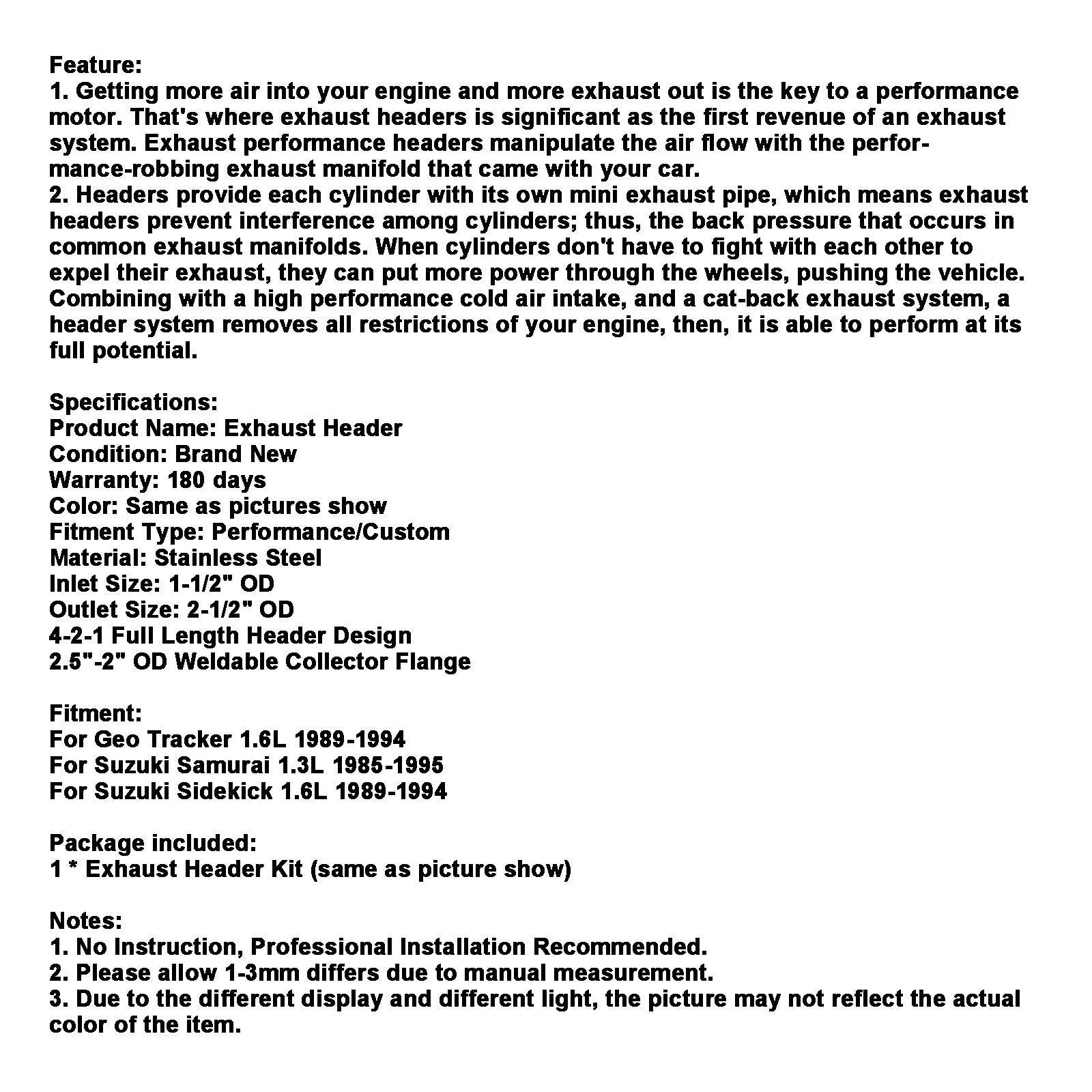 Colector de cabecera de escape compatible con Suzuki Samurai Sidekick 1.3L 1.6L compatible con Geo Tracker