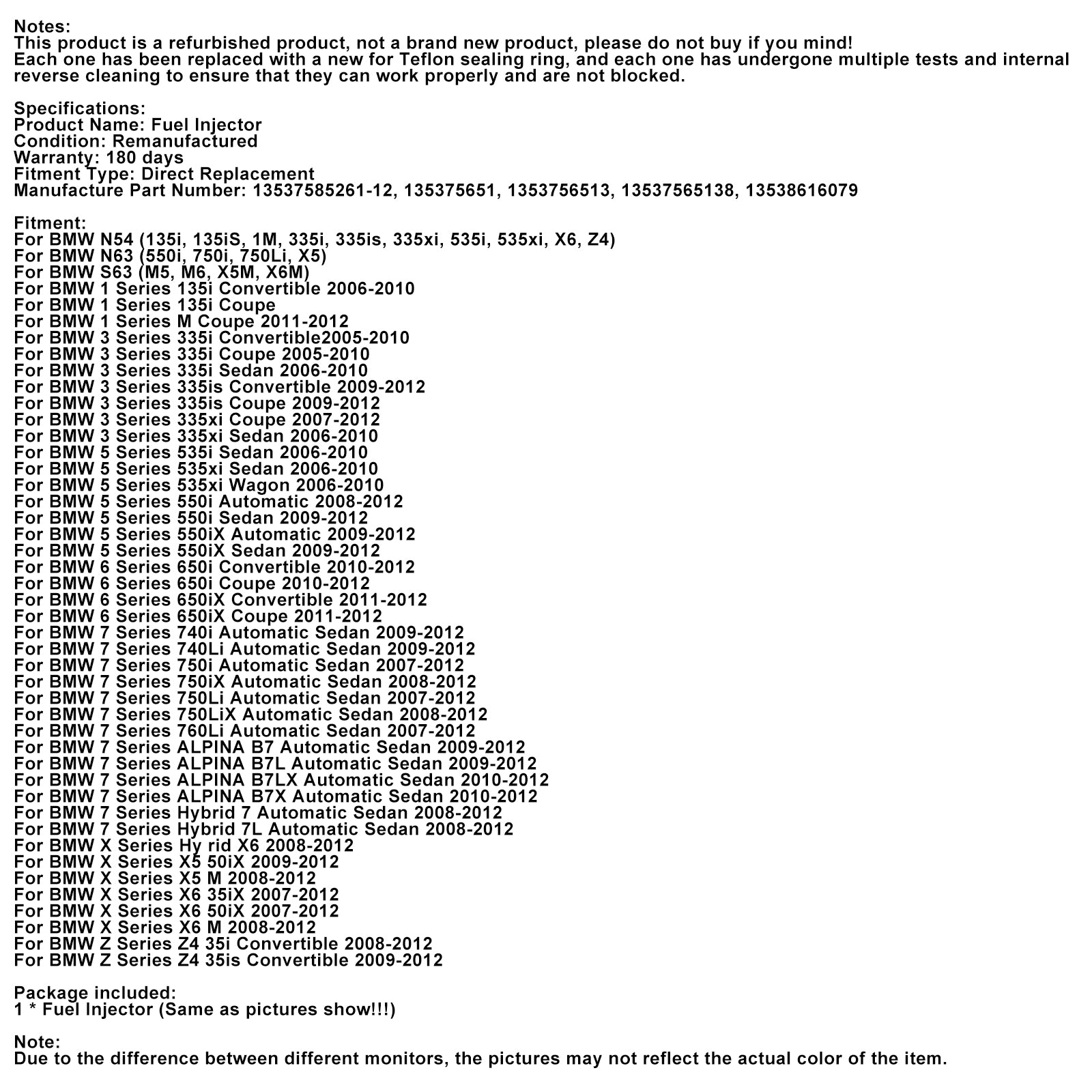 1PCS Brandstofinjector 13537585261-12 Fit BMW N54 N63 335 535 550 750X5X6