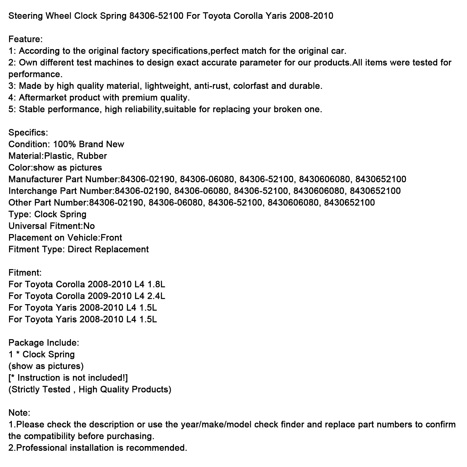 Horloge du volant printemps 84306-52100 pour Toyota Corolla Yaris 2008-2010