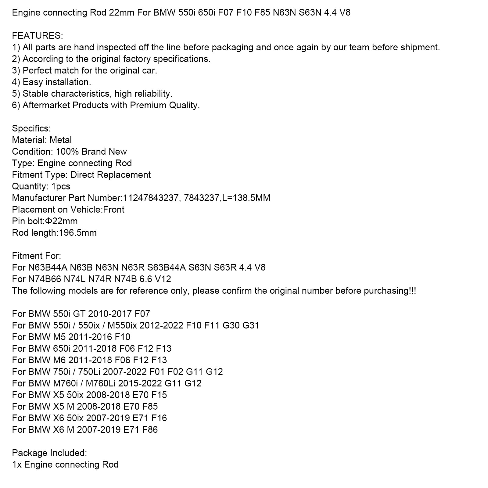 Motorvevstag 22mm För BMW 550i 650i F07 F10 F85 N63N S63N 4.4 V8