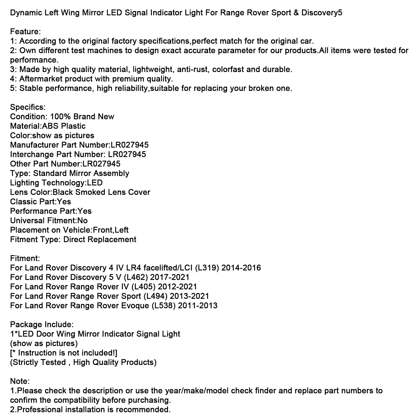 Dynamic Left Wing Mirror LED Signal Indicator Light For Range Rover Sport