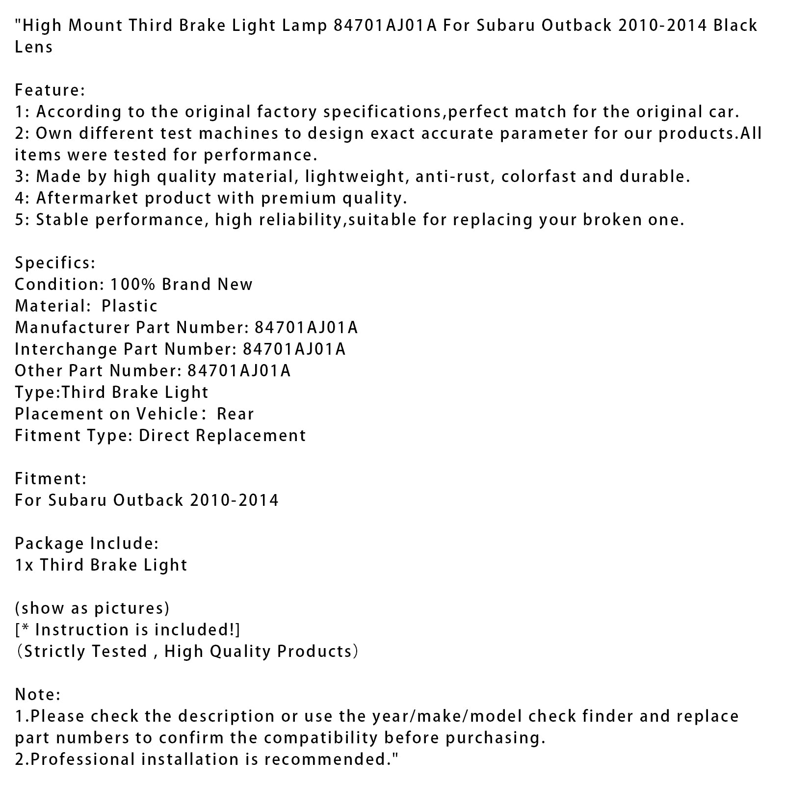 2010-2014 Subaru Outback High Mount Tretia brzdová lampa 84701AJ01A BLK