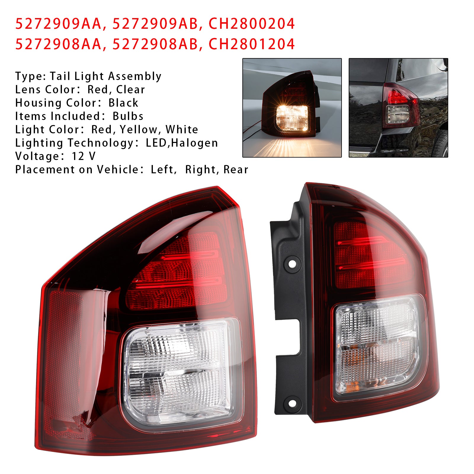 Left+Right Rear Tail Light Rear Lamp Assembly For Jeep Compass 2014-2017