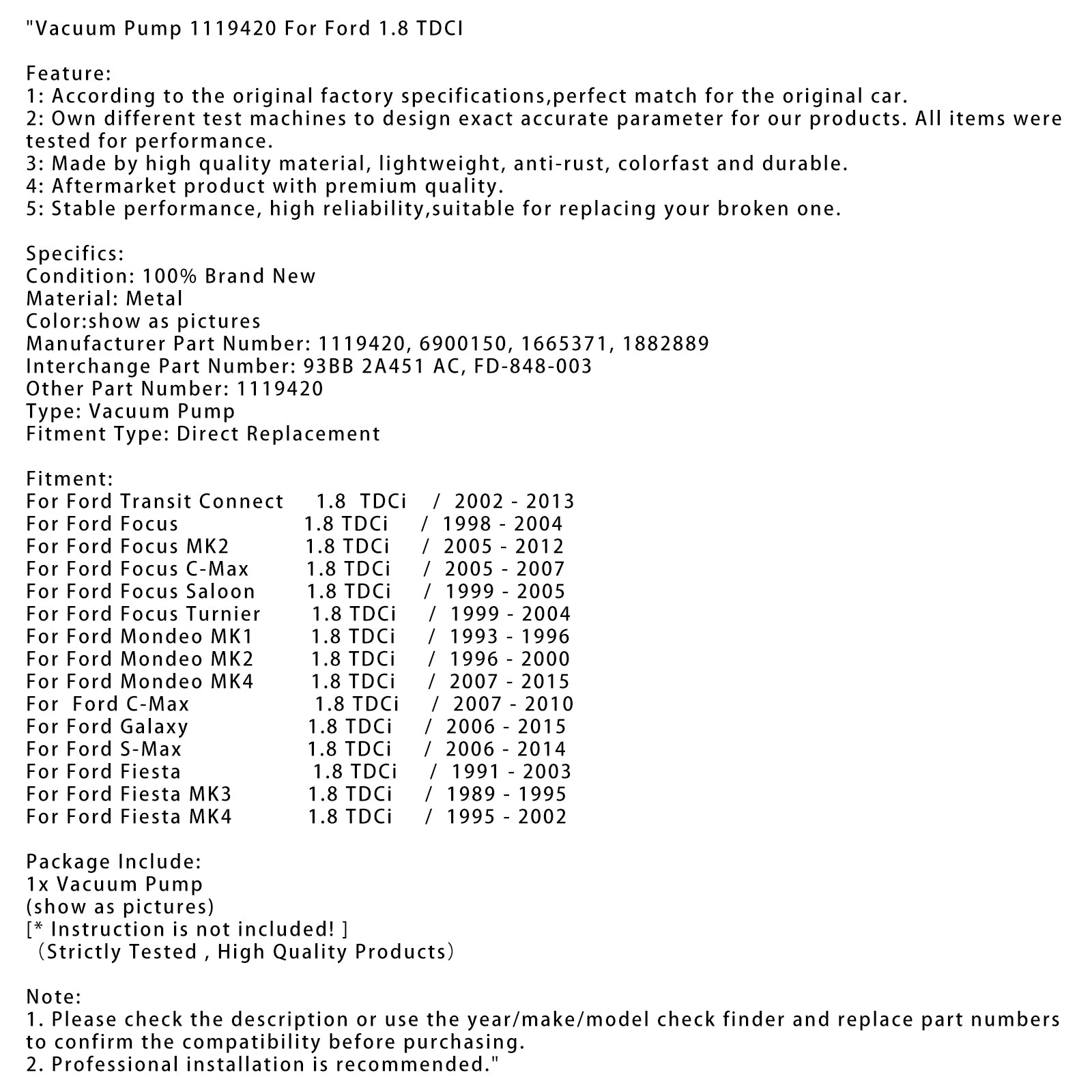 2002-2013 Ford Transit Connect 1.8 TDCi/Bomba de vacío 1119420 6900150 1665371