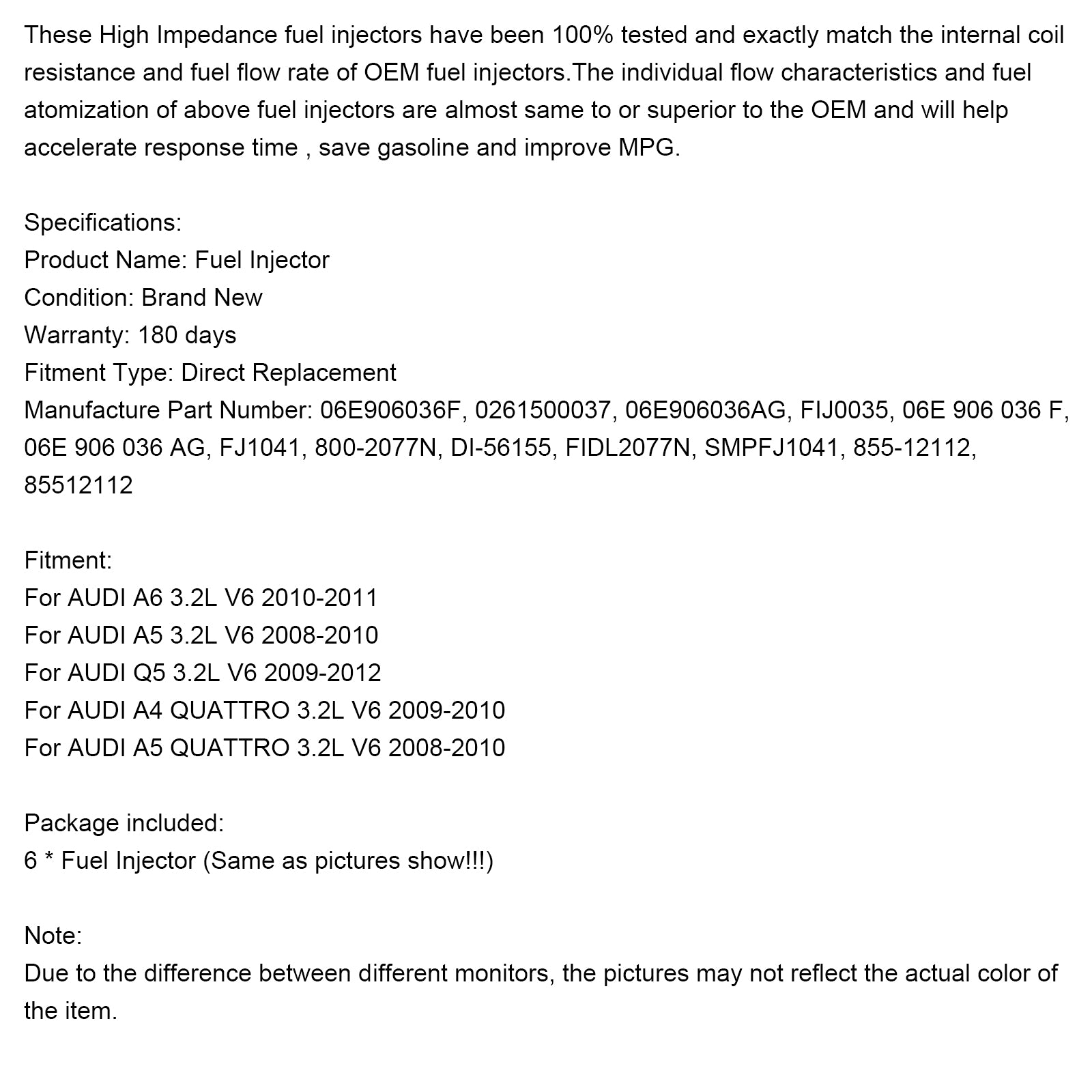 6PCS Fuel Injector 06E906036F Fit Fir Audi Q5 A4 A5 A6 3.2L V6 2008-2011 0261500037